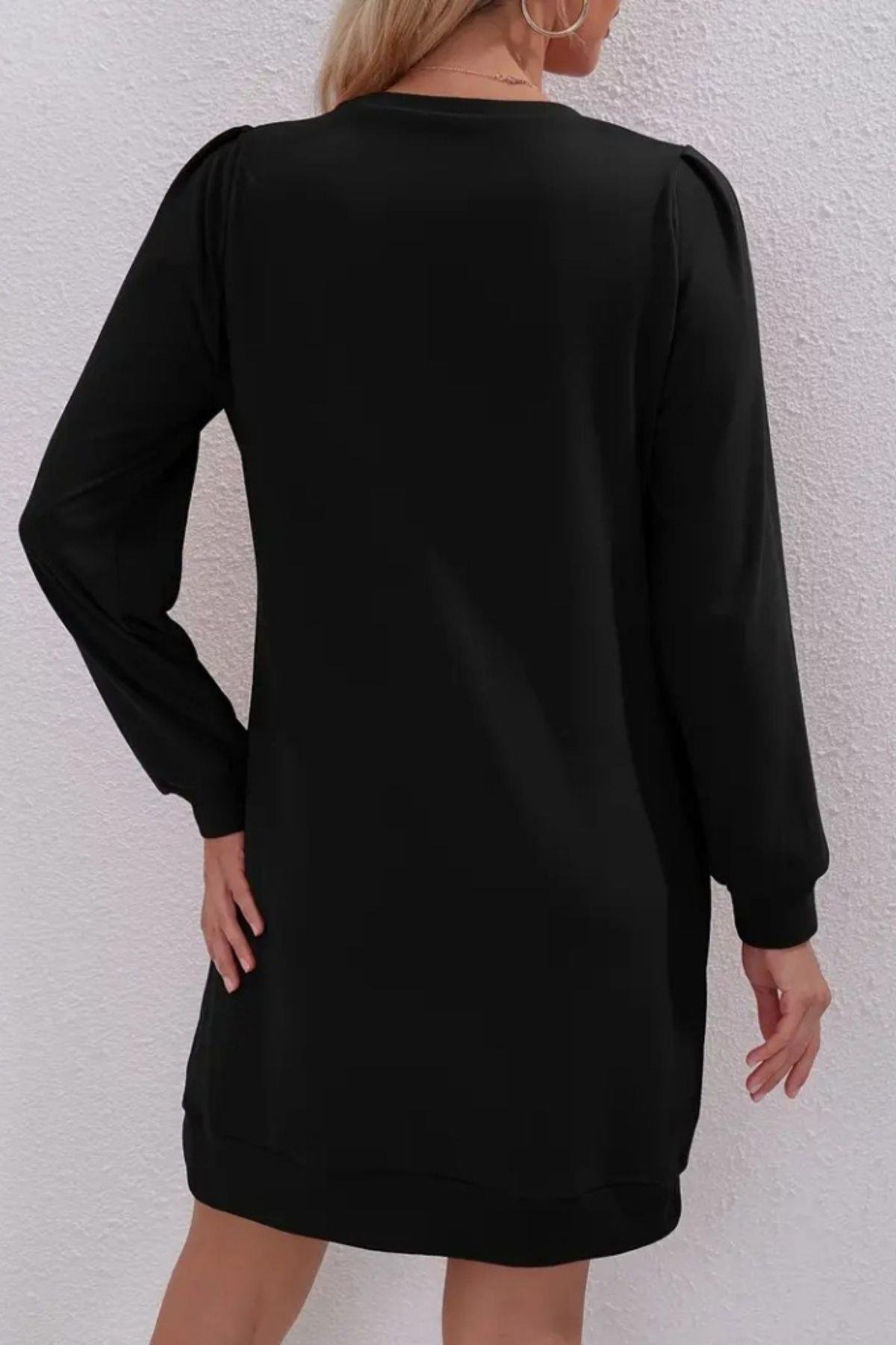 Uzun Kollu Bisiklet Yaka İki İplik Elbise Siyah