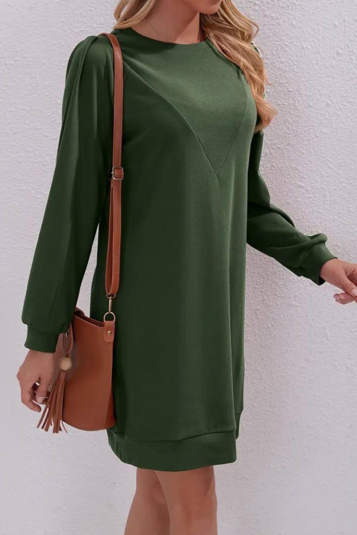 Uzun Kollu Bisiklet Yaka İki İplik Elbise Yeşil