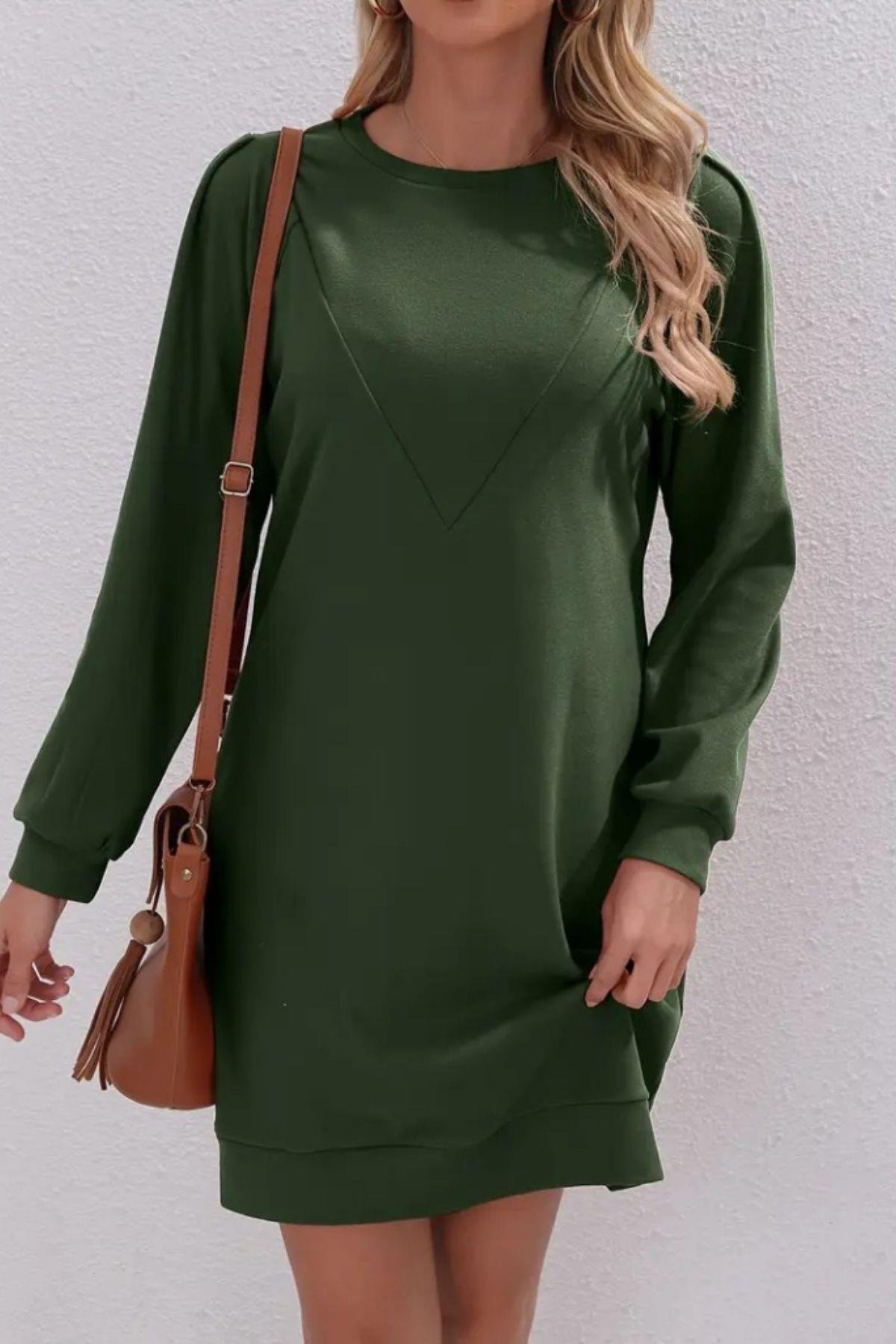 Uzun Kollu Bisiklet Yaka İki İplik Elbise Yeşil