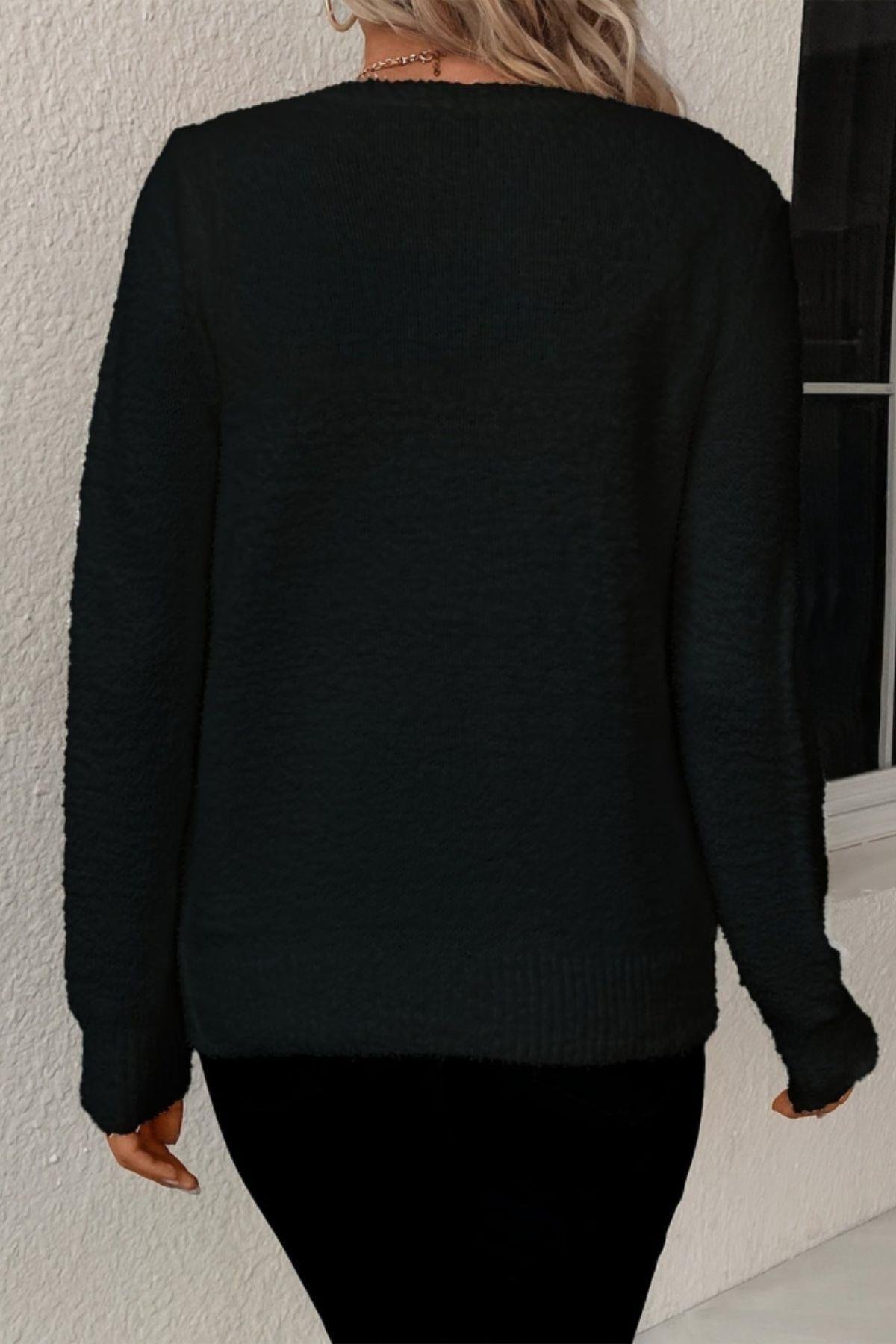 Uzun Kollu Düğmeli Yumoş Hırka Siyah