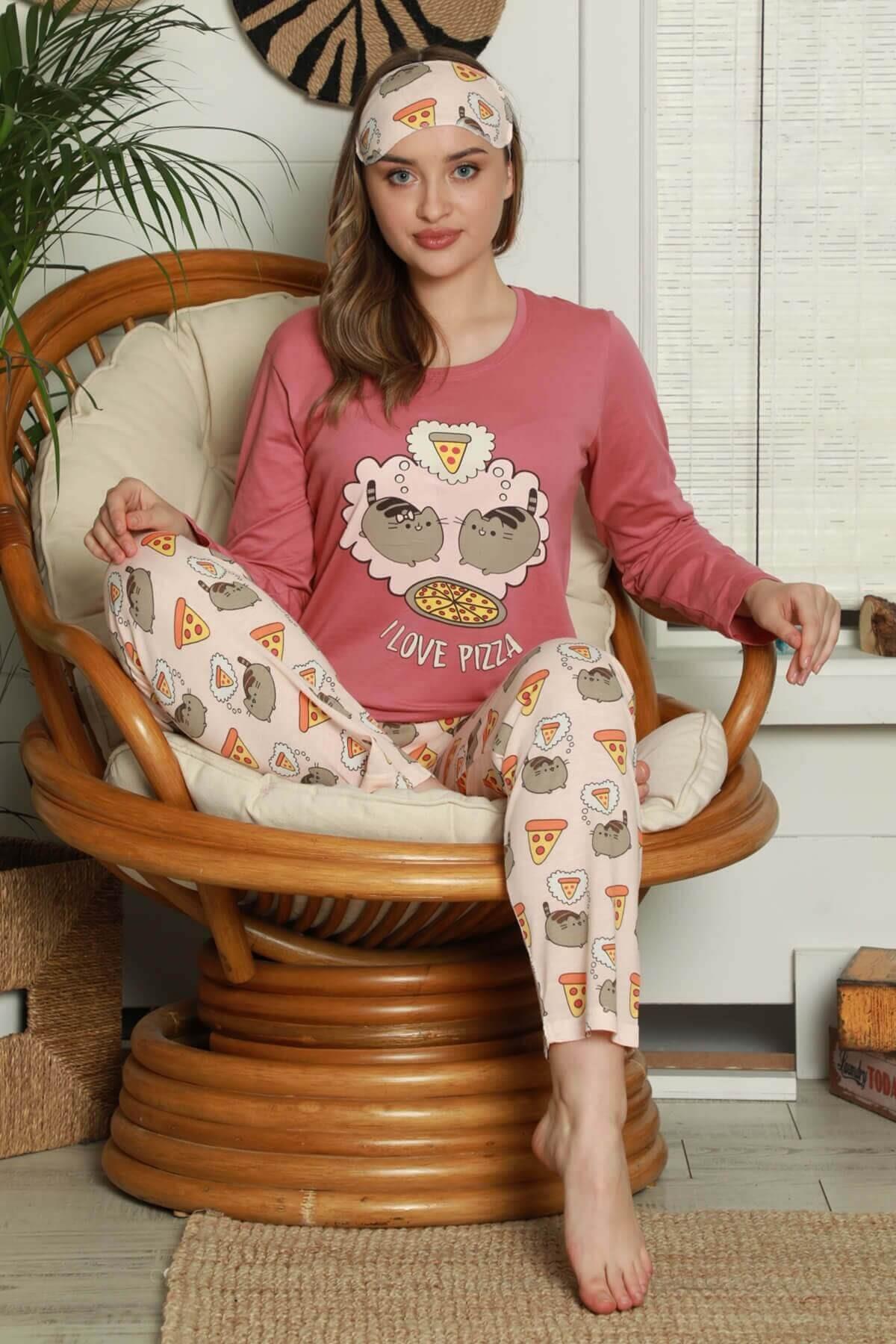 Uzun Kollu Kedi Detaylı Pijama Takımı