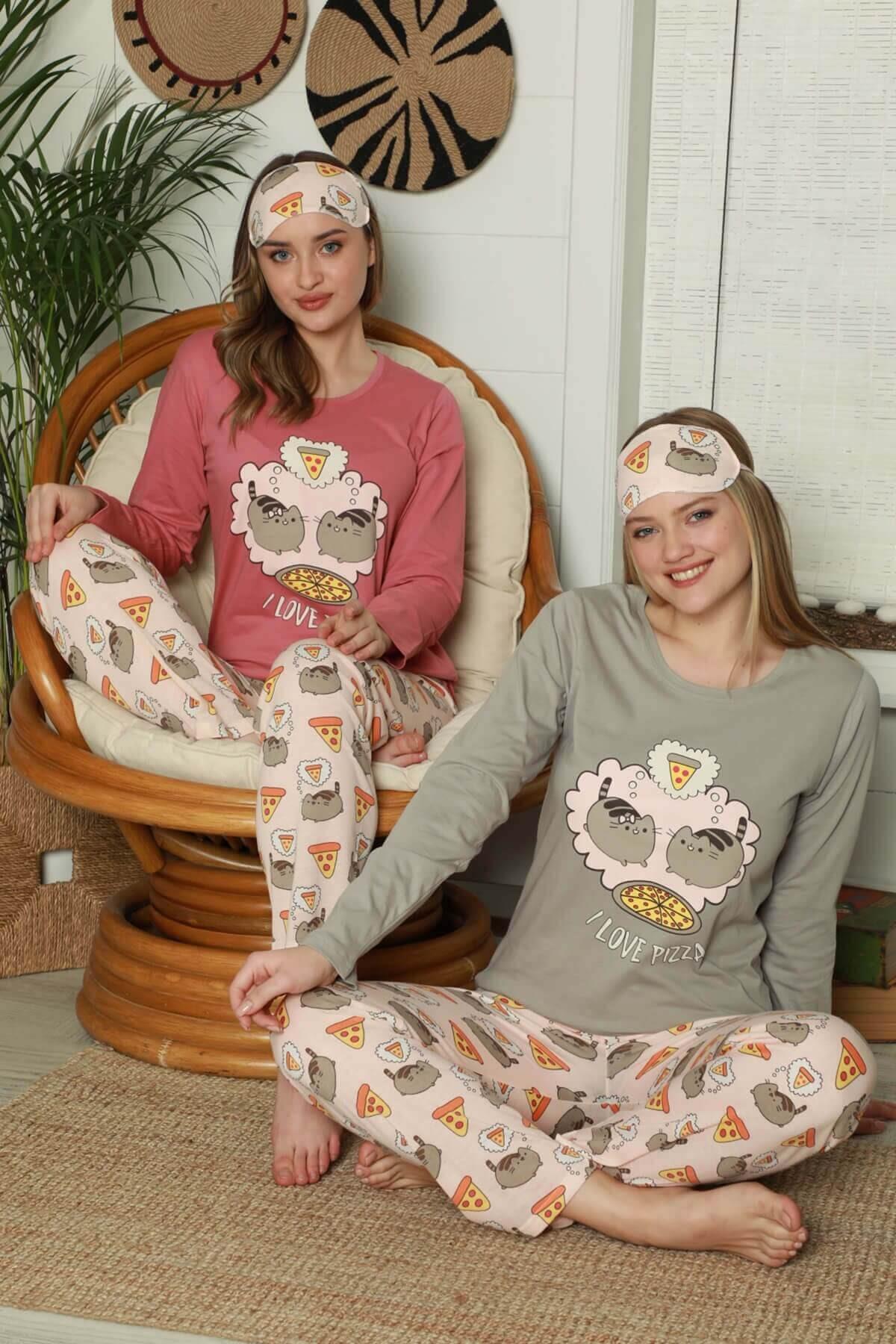 Uzun Kollu Kedi Detaylı Pijama Takımı