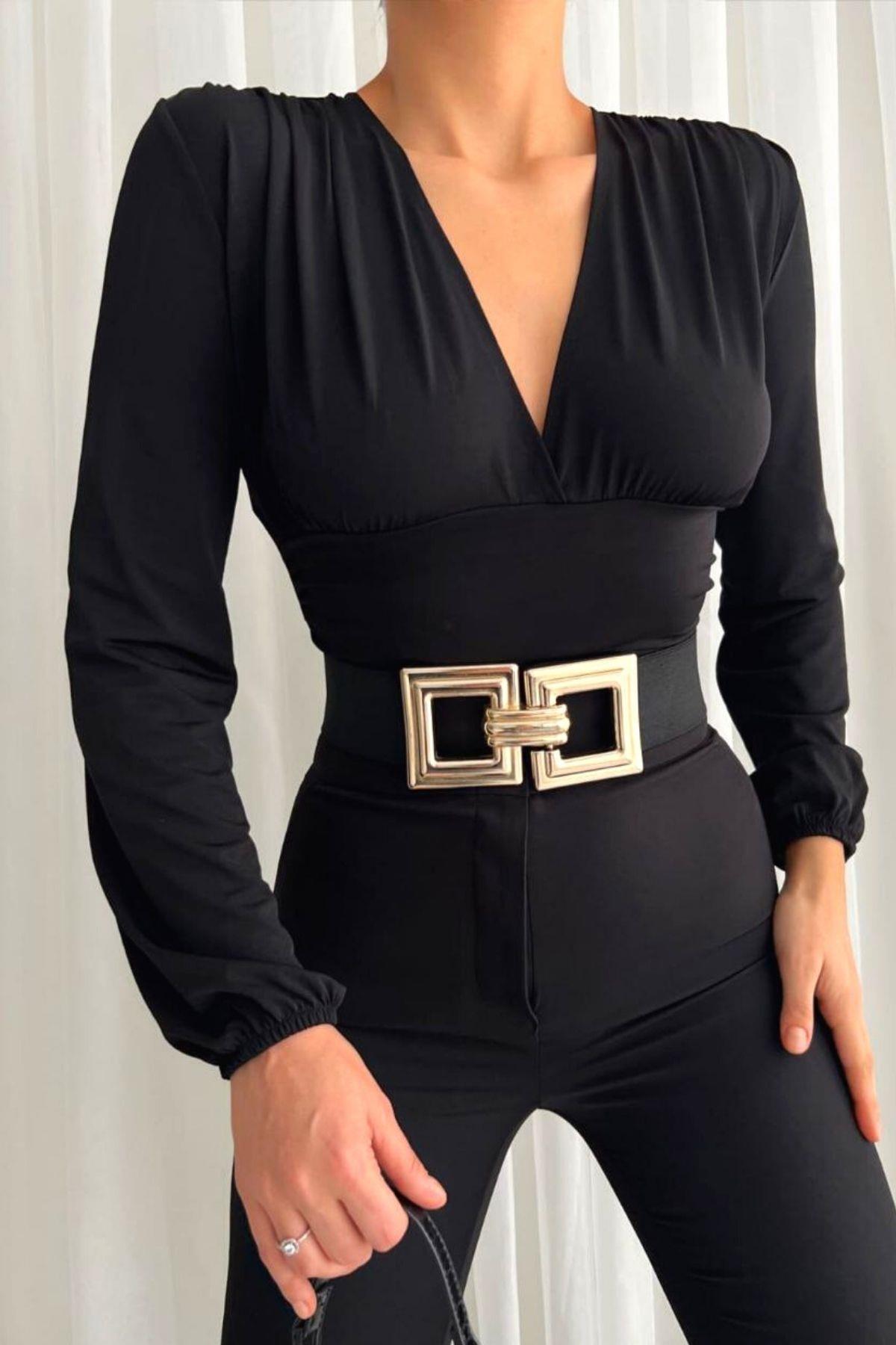 Uzun Kollu Sandy Crop Bluz Siyah