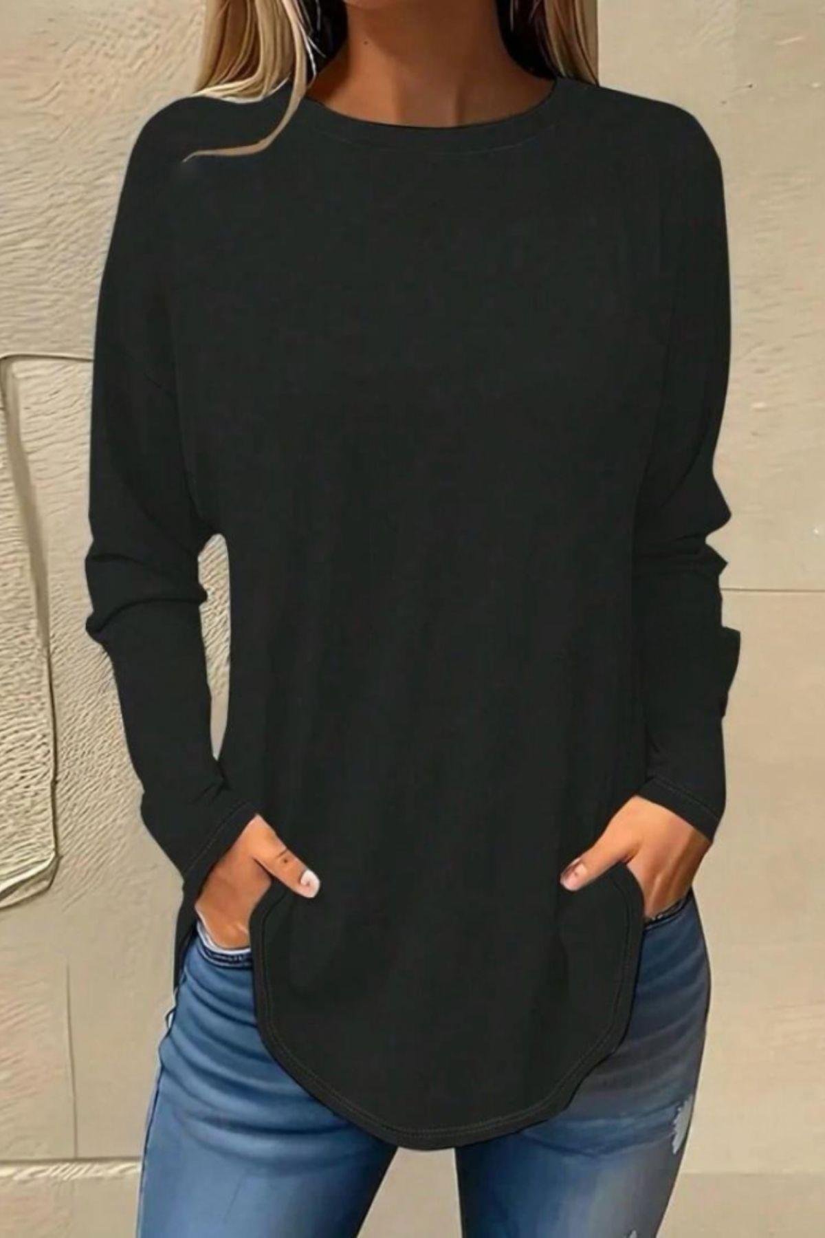 Uzun Kollu Yuvarlak Yaka Bluz Siyah