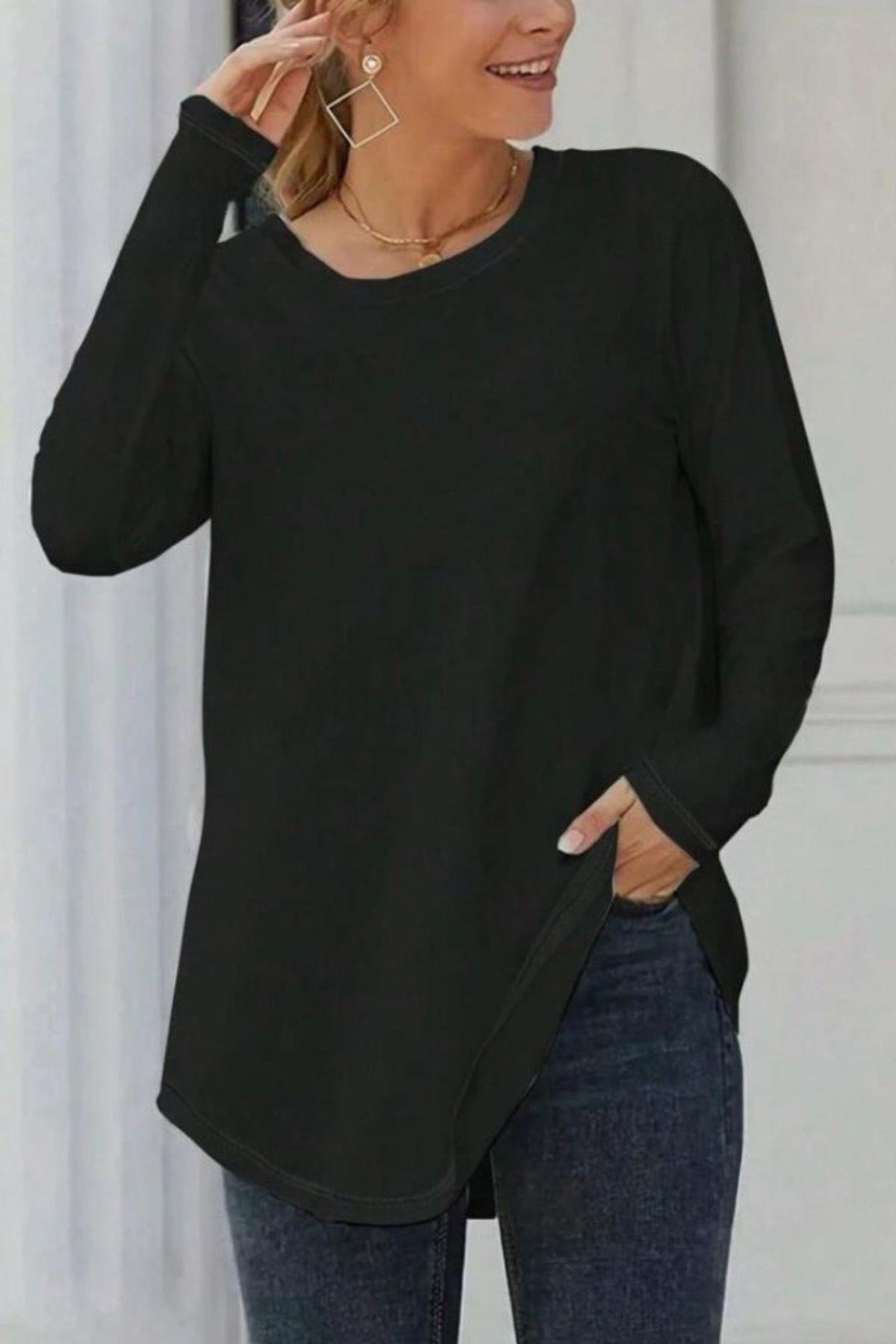 Uzun Kollu Yuvarlak Yaka Bluz Siyah