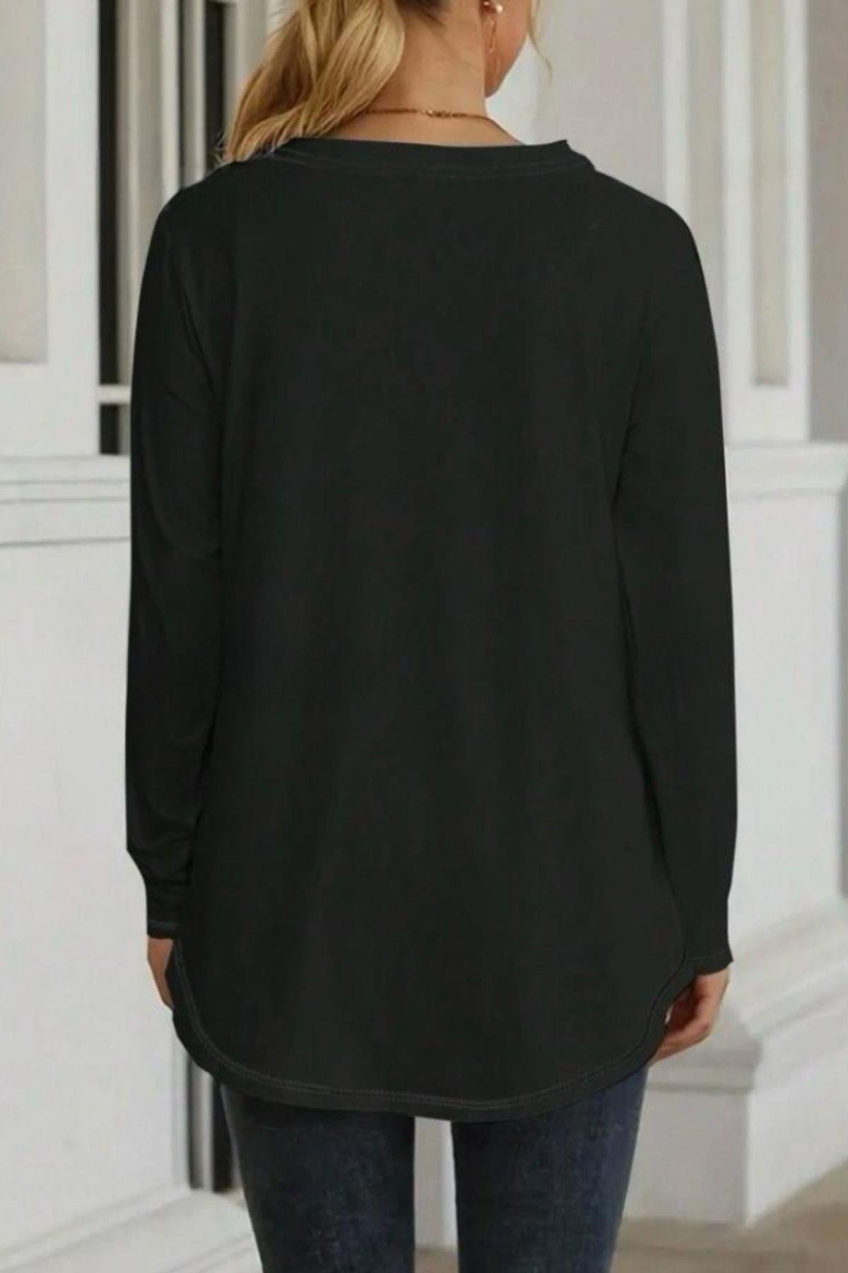 Uzun Kollu Yuvarlak Yaka Bluz Siyah