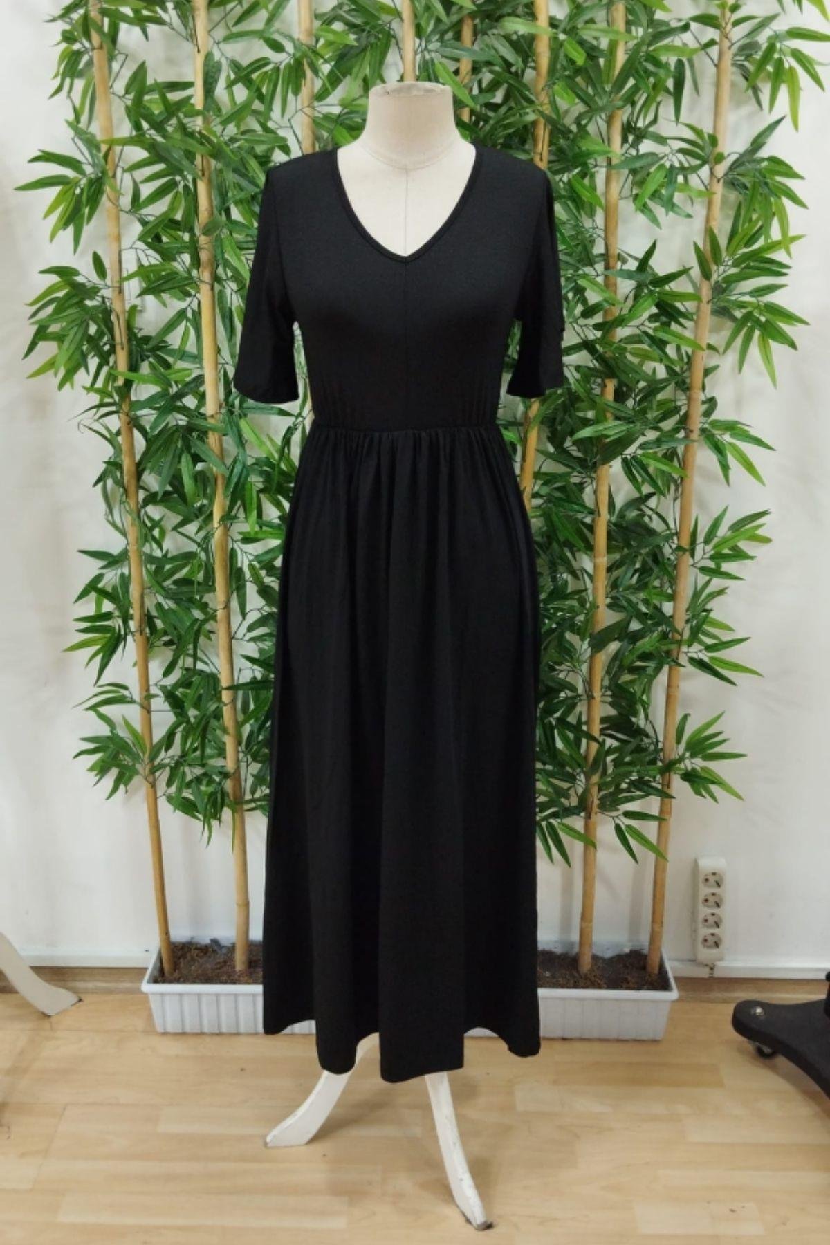 V Yaka Bel Lastikli Viskon Elbise Siyah