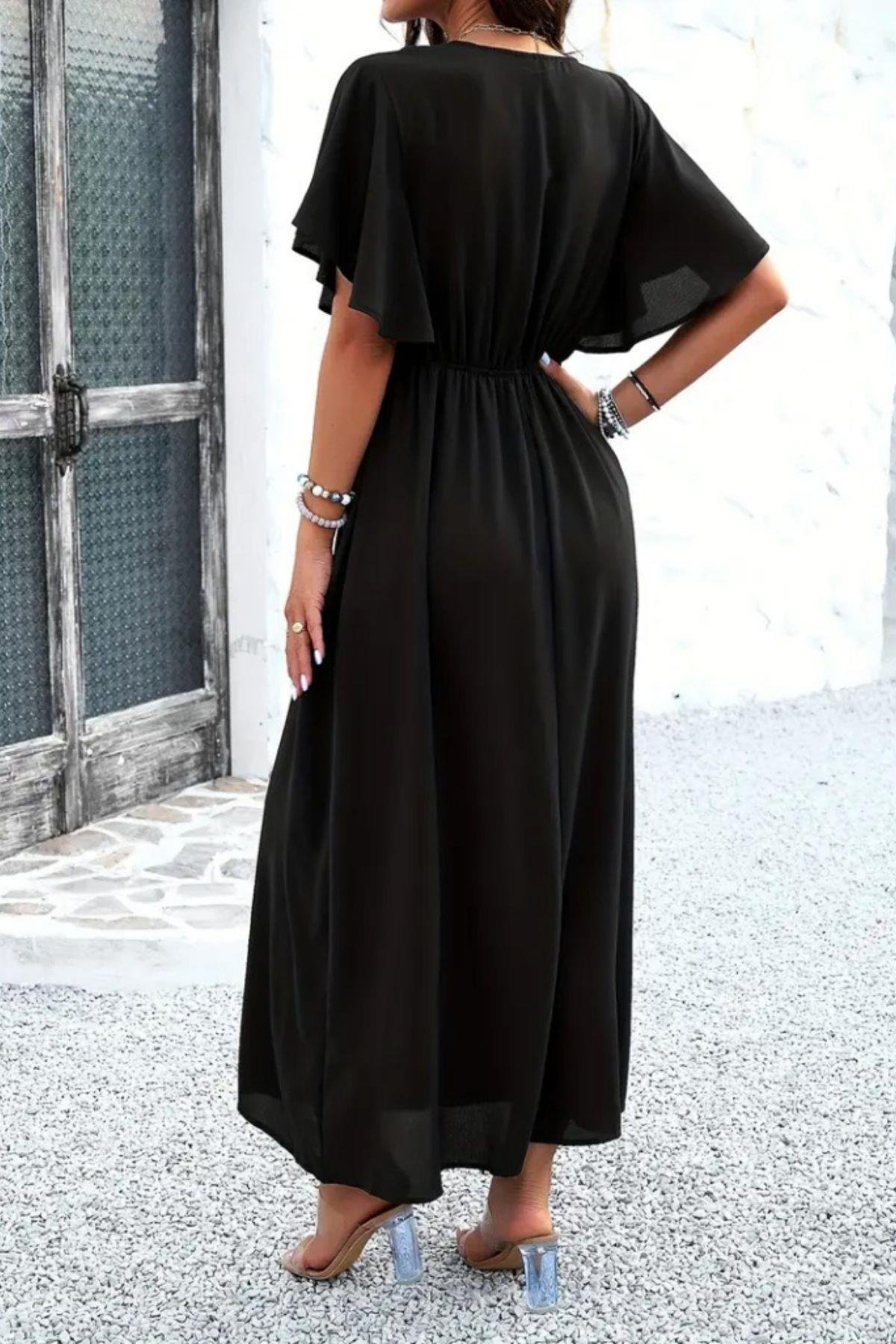 V Yaka Bel Lastikli Viskon Elbise Siyah