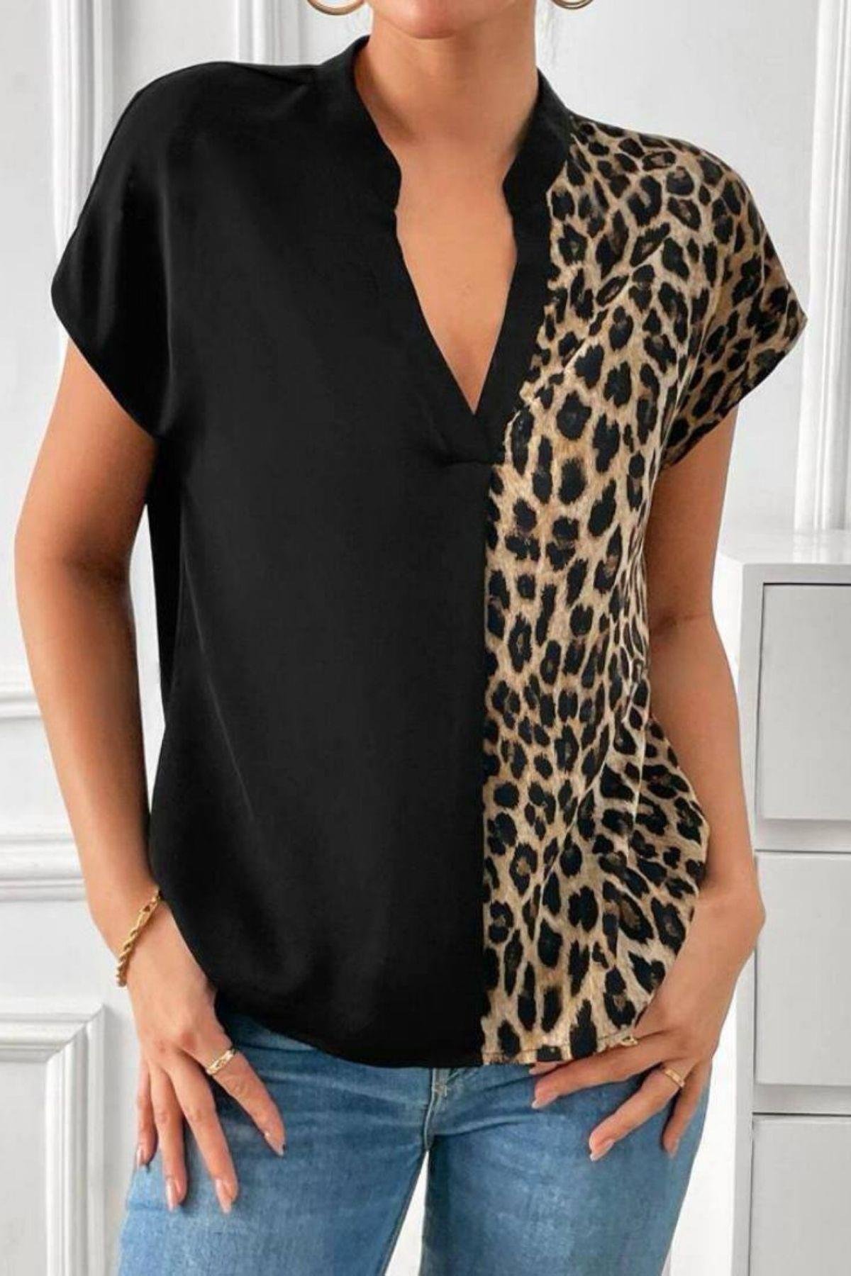 V Yaka Leopar Garnili Moskrep Kumaş Bluz Siyah-Leopar