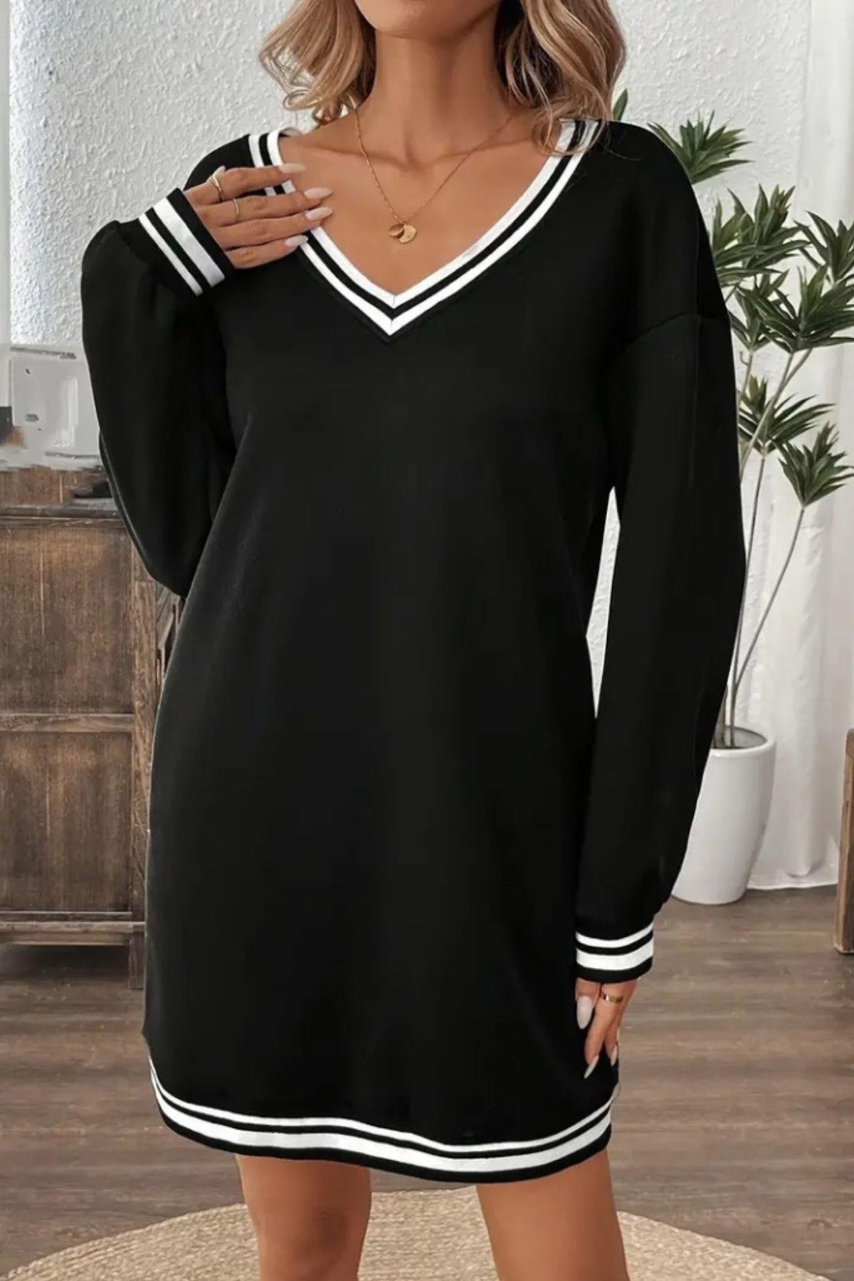 V Yaka Şerit Detaylı İki İplik Viskon Elbise Siyah