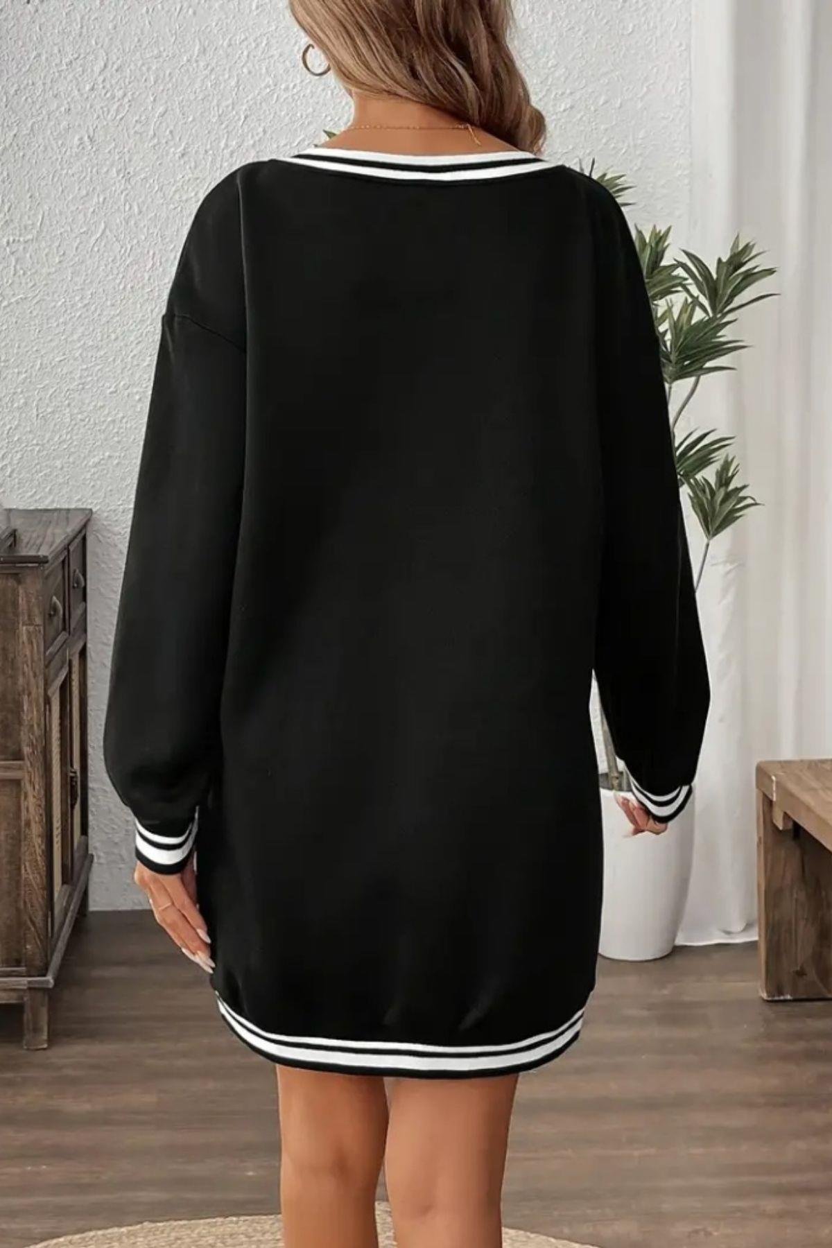V Yaka Şerit Detaylı İki İplik Viskon Elbise Siyah