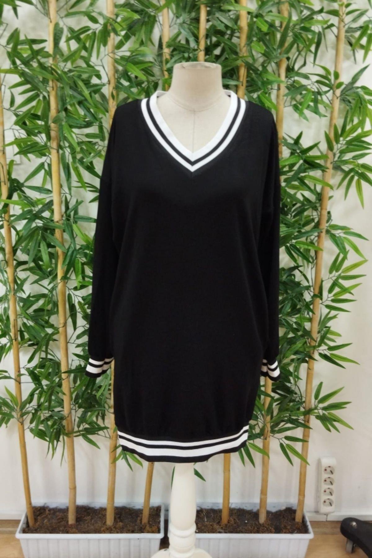 V Yaka Şerit Detaylı İki İplik Viskon Elbise Siyah