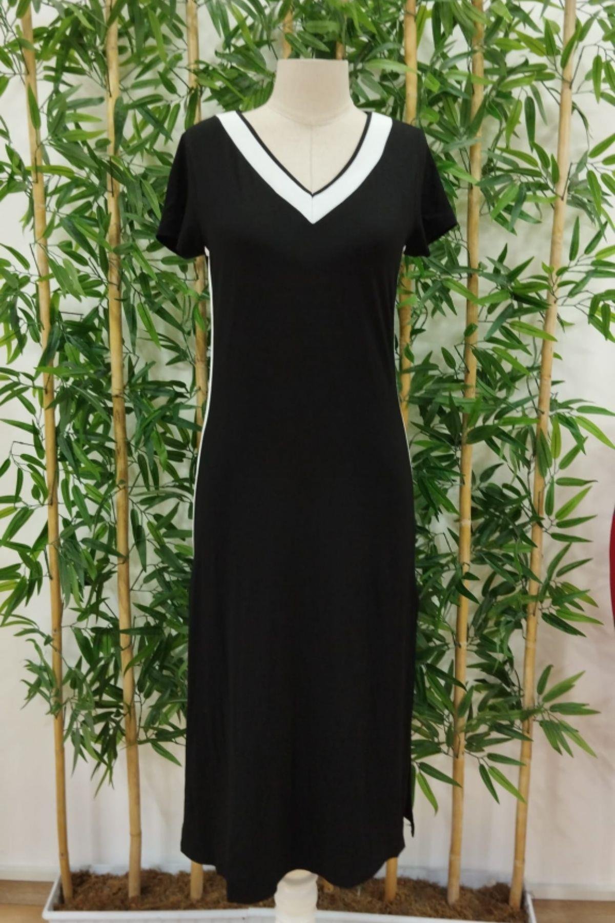 V Yaka Yandan Şeritli Elbise Siyah