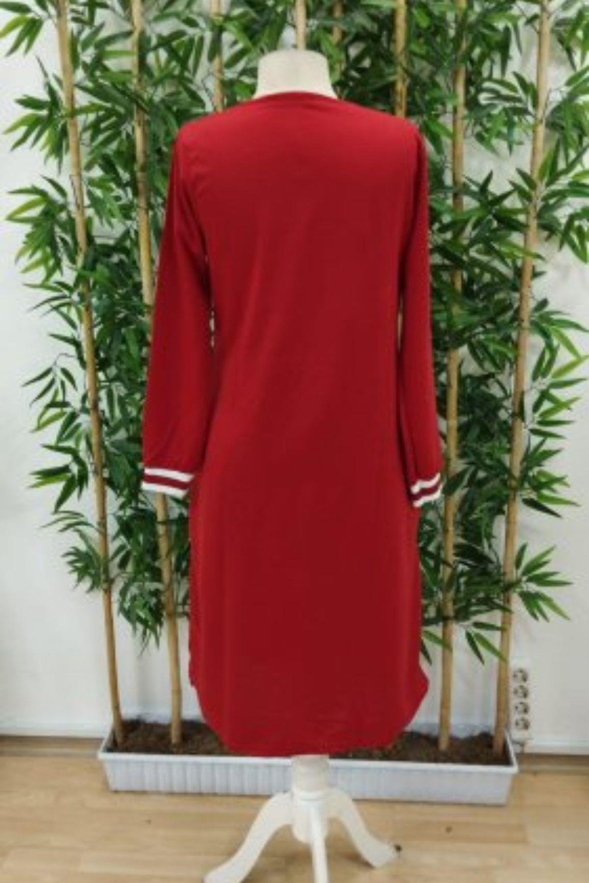 V Yaka Yandan Yırtmaçlı İki İplik Midi Elbise Kırmızı