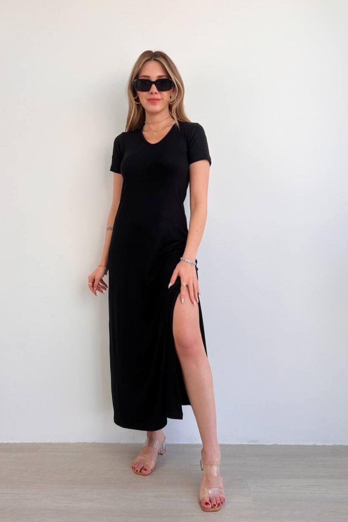 V Yaka Yırtmaçlı Basic Elbise Siyah