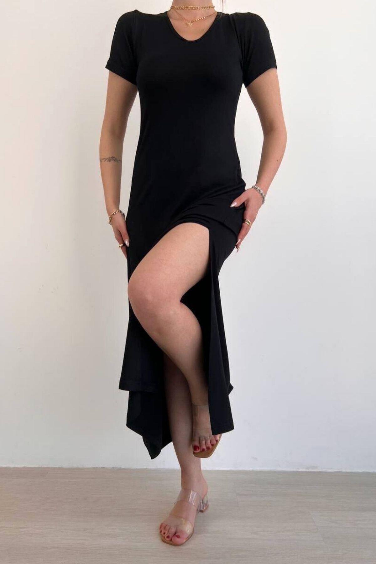 V Yaka Yırtmaçlı Basic Elbise Siyah