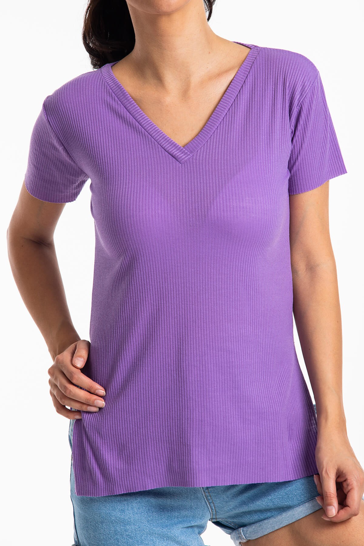 V Yaka Yırtmaçlı Kaşkorse T-Shirt Lila
