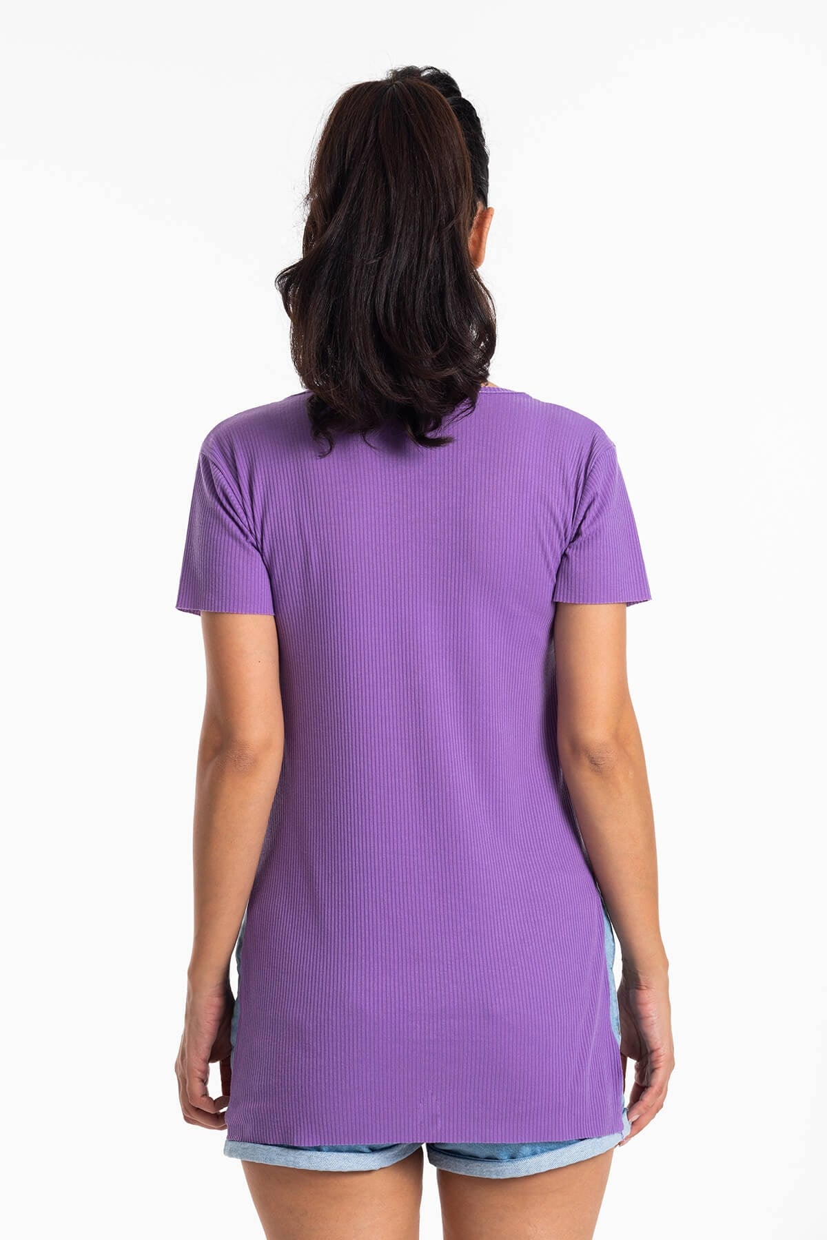 V Yaka Yırtmaçlı Kaşkorse T-Shirt Lila