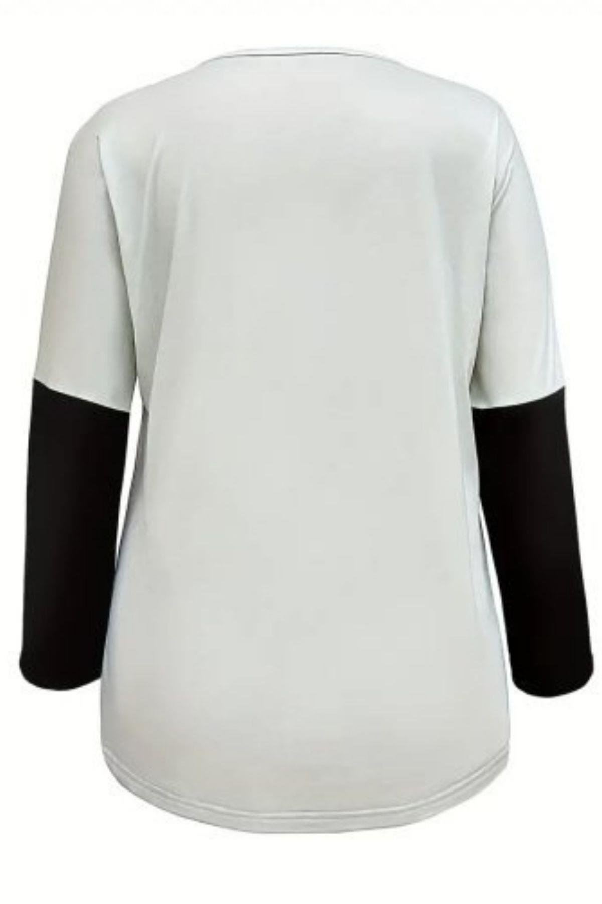V Yakalı Kedi baskılı Şardonlu Dalgıç Bluz Beyaz