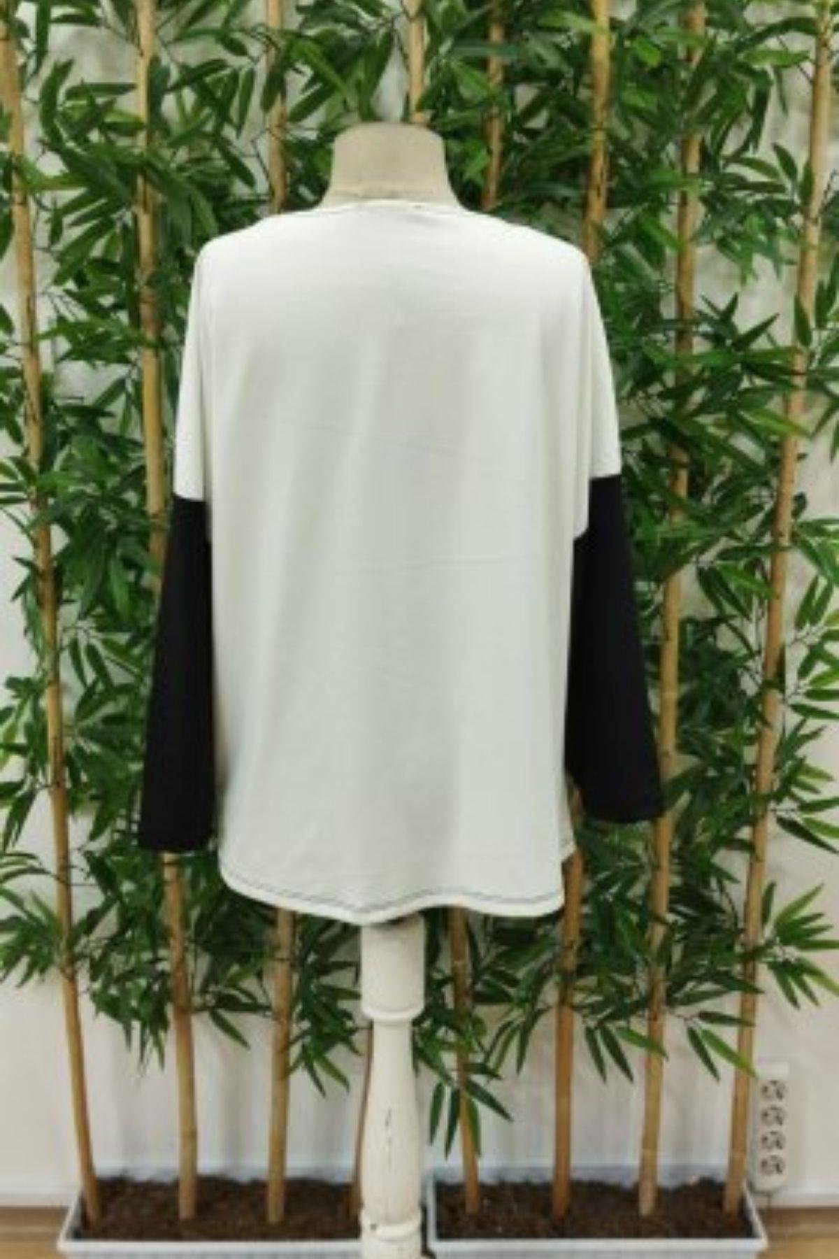 V Yakalı Kedi baskılı Şardonlu Dalgıç Bluz Beyaz