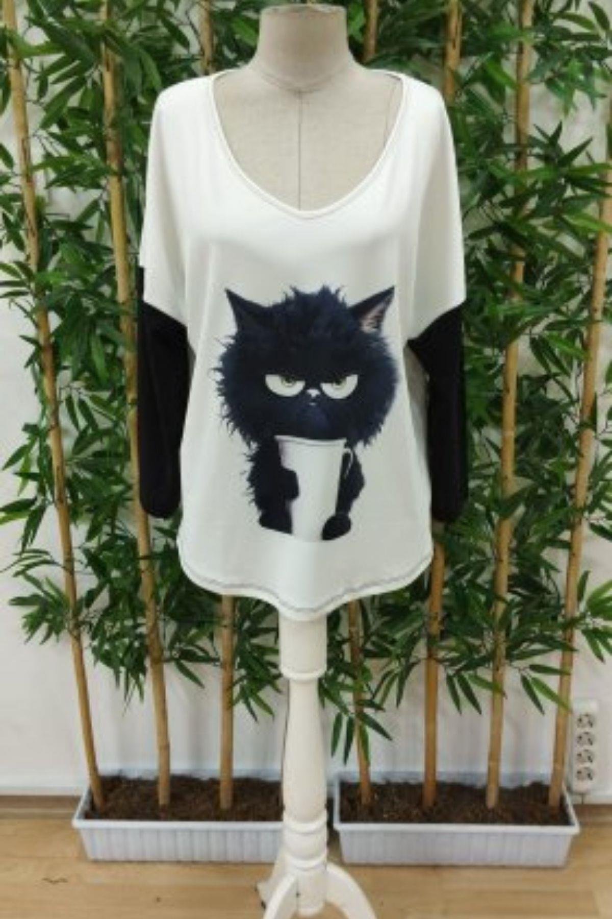 V Yakalı Kedi baskılı Şardonlu Dalgıç Bluz Beyaz