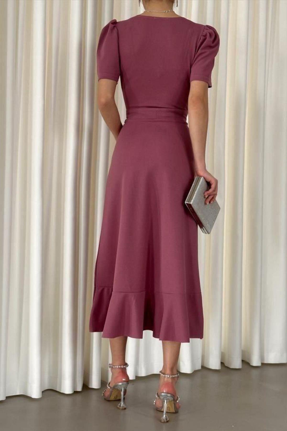 Volanlı Kuşaklı Kruvaze Yaka Midi Elbise Gül Kurusu 581811