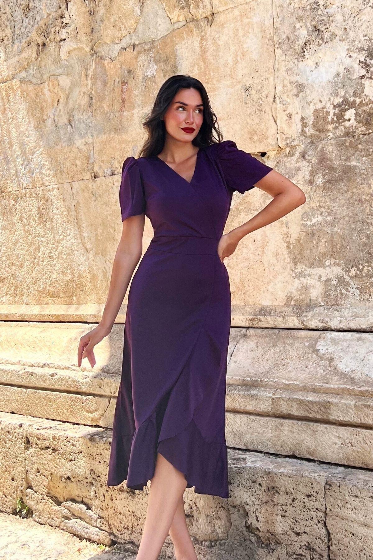 Volanlı Kuşaklı Kruvaze Yaka Midi Elbise Mor 581811