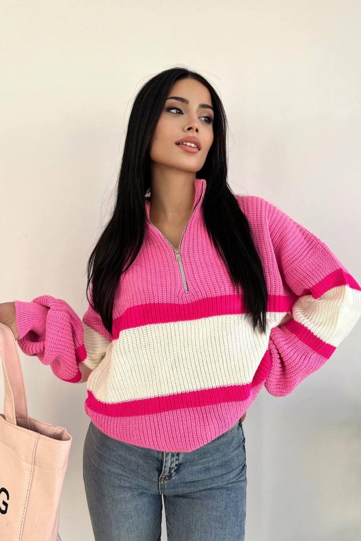 Yaka Fermuarlı Çizgili Kazak Pembe
