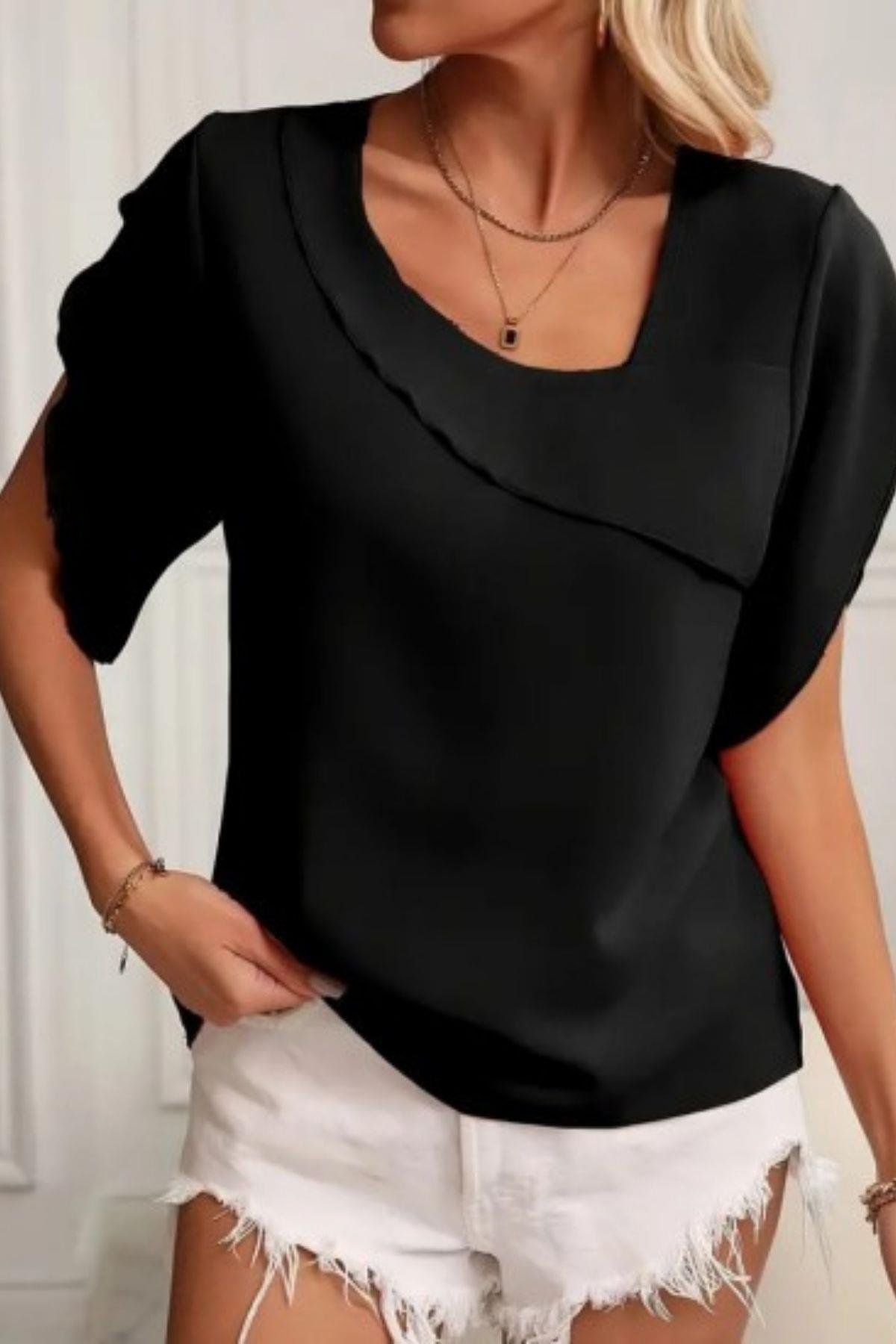 Yaka Ve Kol Detay Bluz Siyah