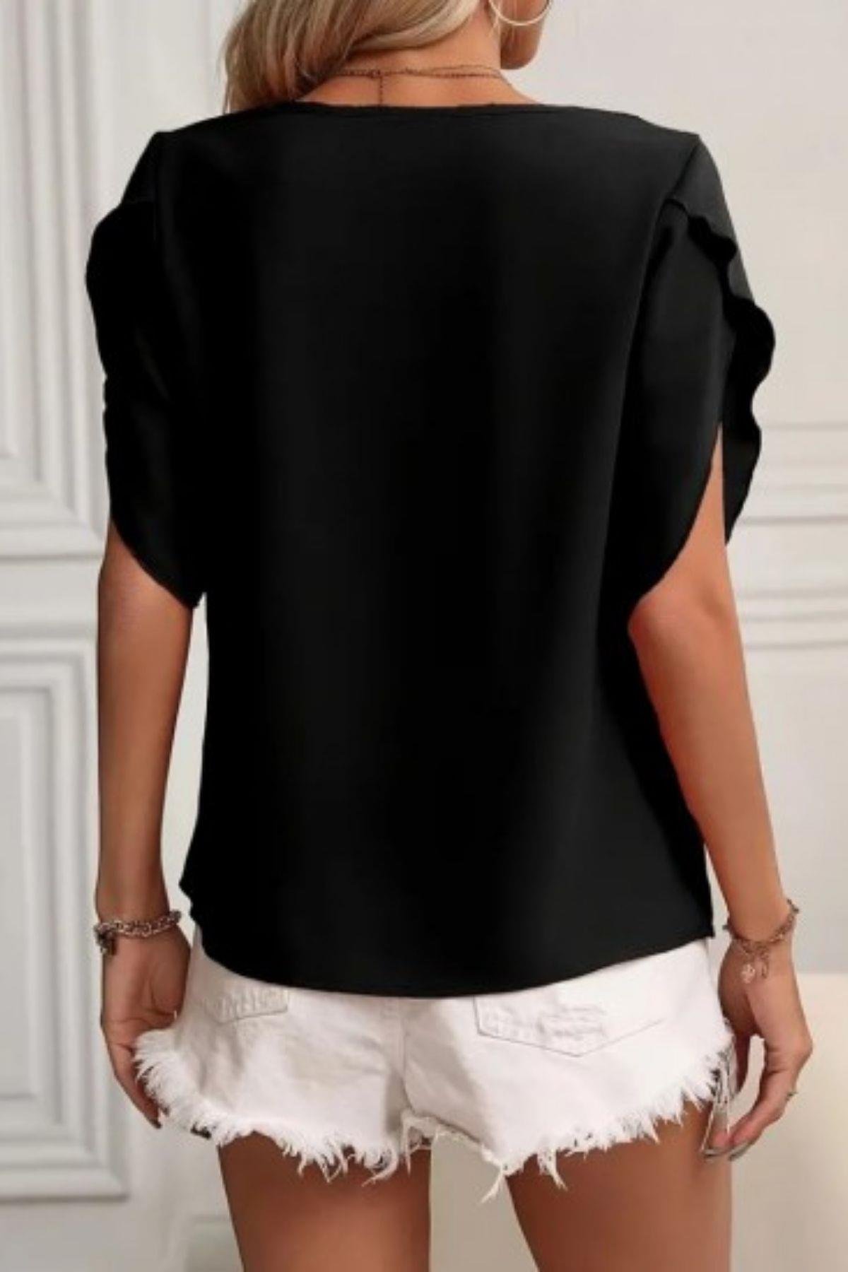 Yaka Ve Kol Detay Bluz Siyah
