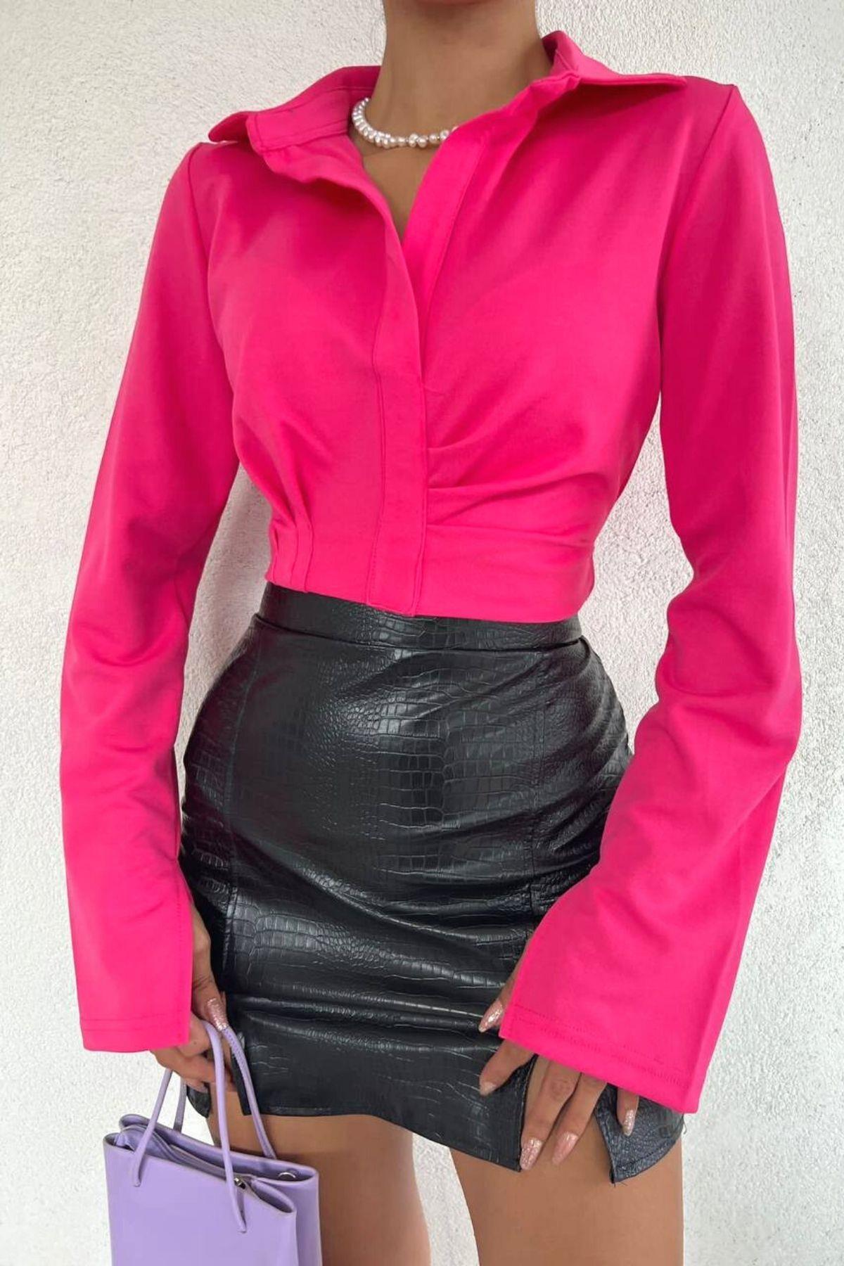Yakalı Crop Bluz Fuşya