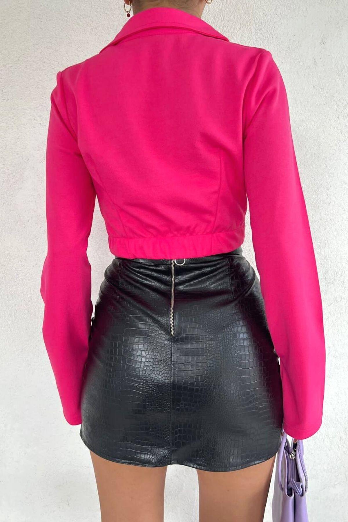 Yakalı Crop Bluz Fuşya