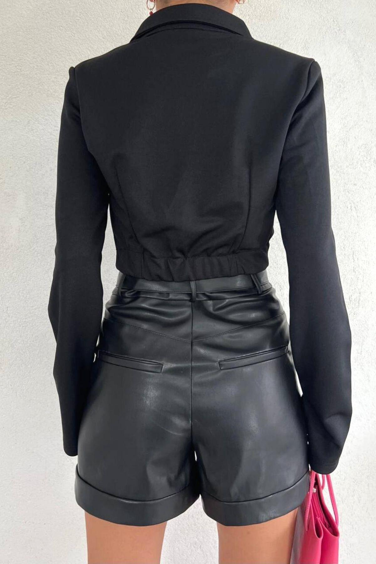Yakalı Crop Bluz Siyah