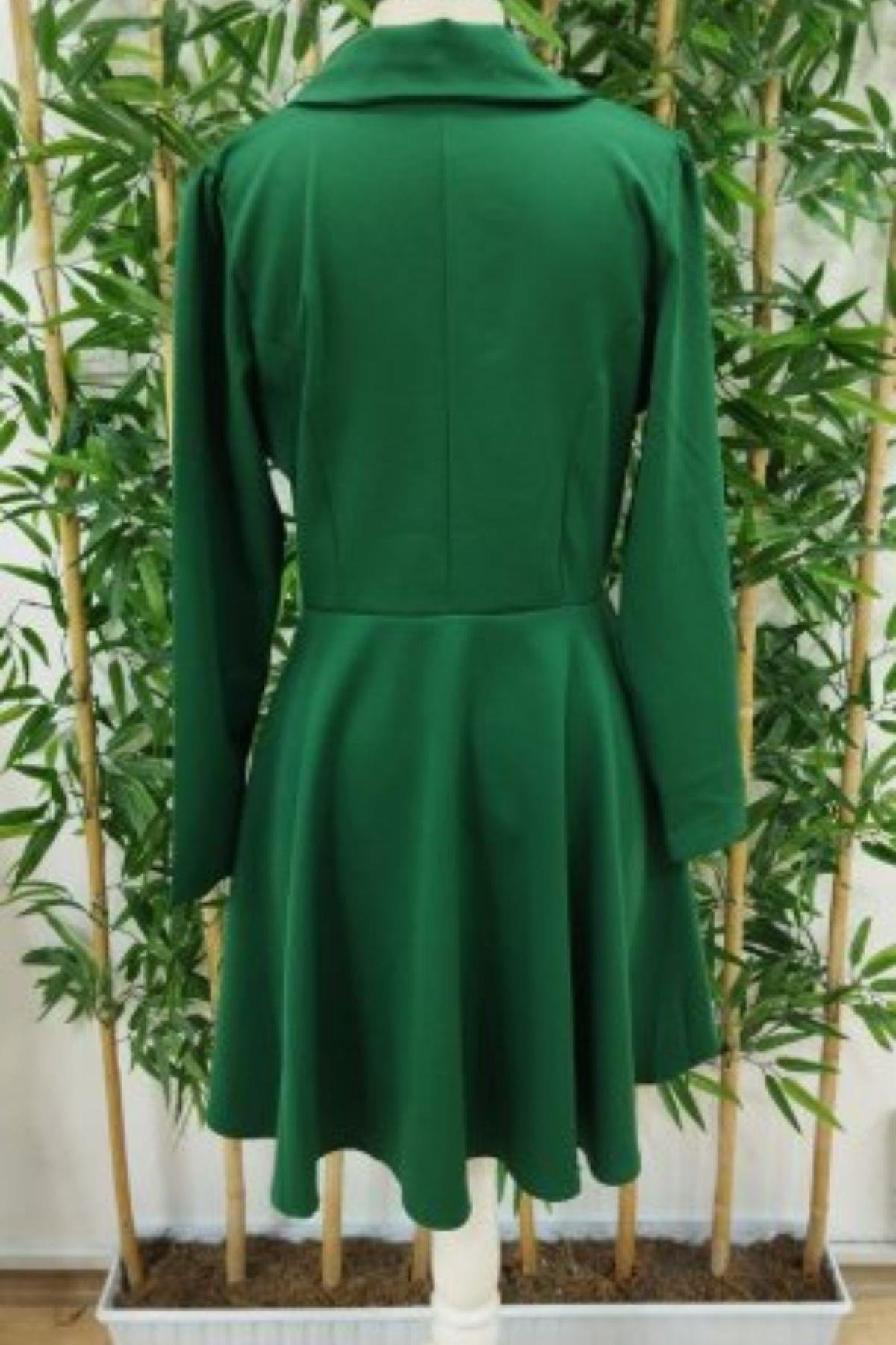 Yakalı Önden Düğmeli Uzun Atlas Blazer Ceket Yeşil