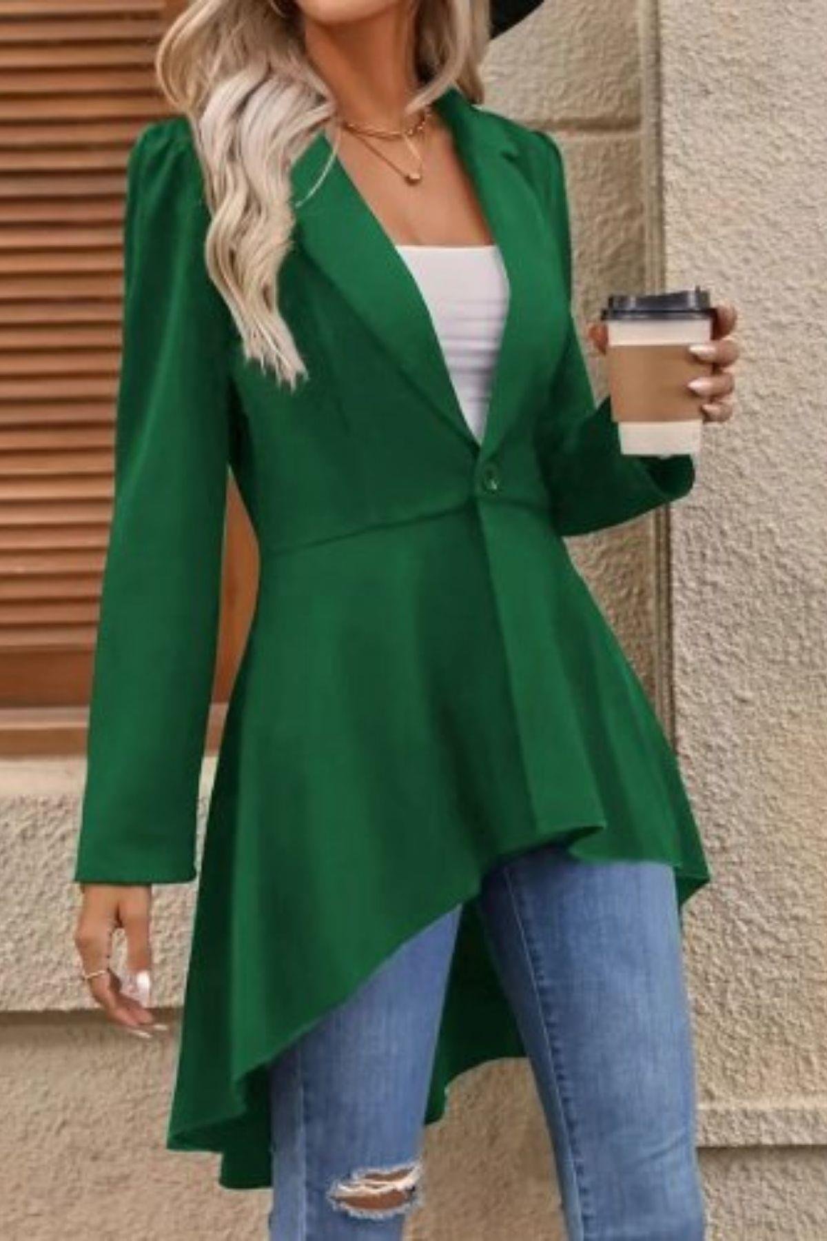 Yakalı Önden Düğmeli Uzun Atlas Blazer Ceket Yeşil