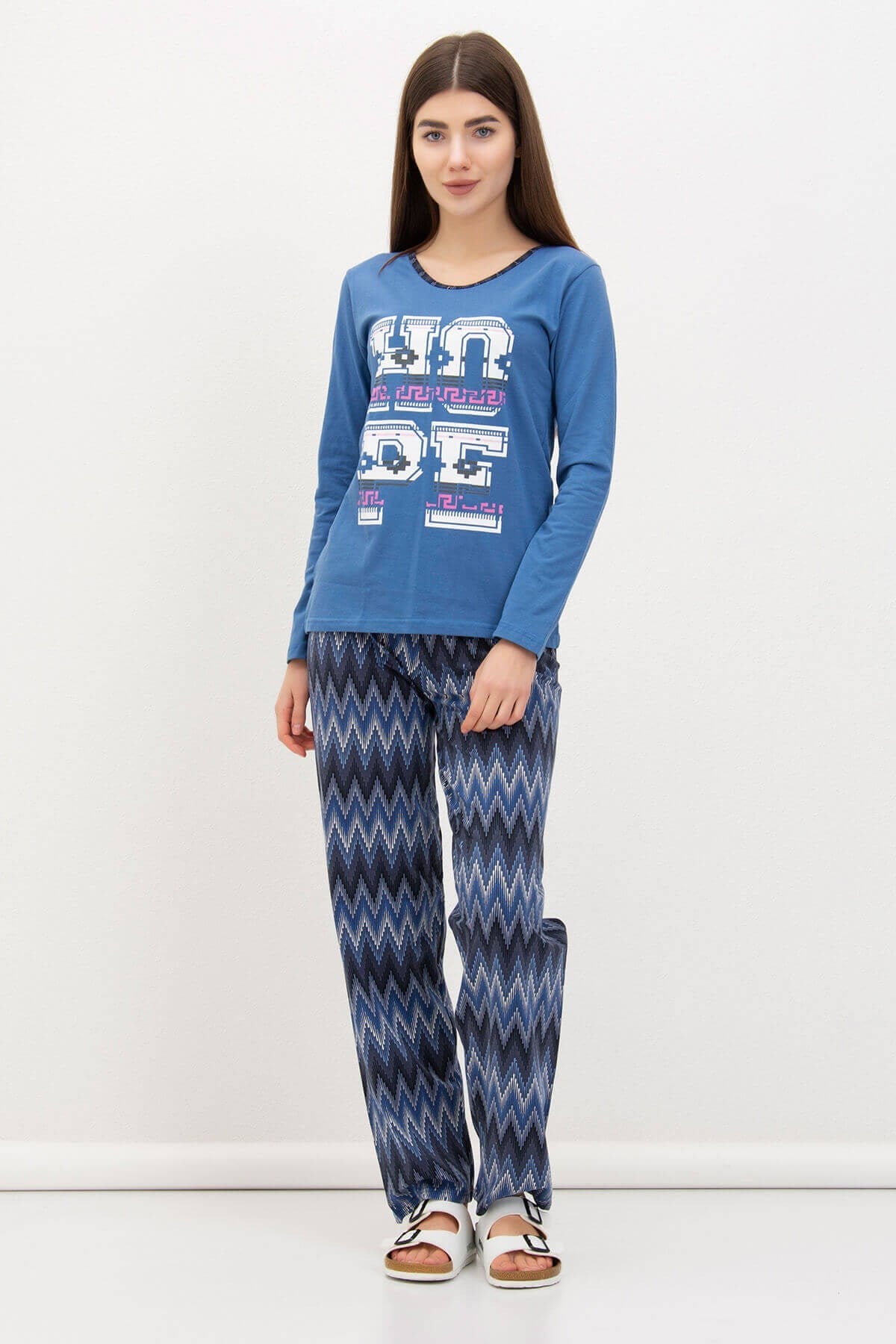 Yazı Detaylı Pijama Takımı Mavi
