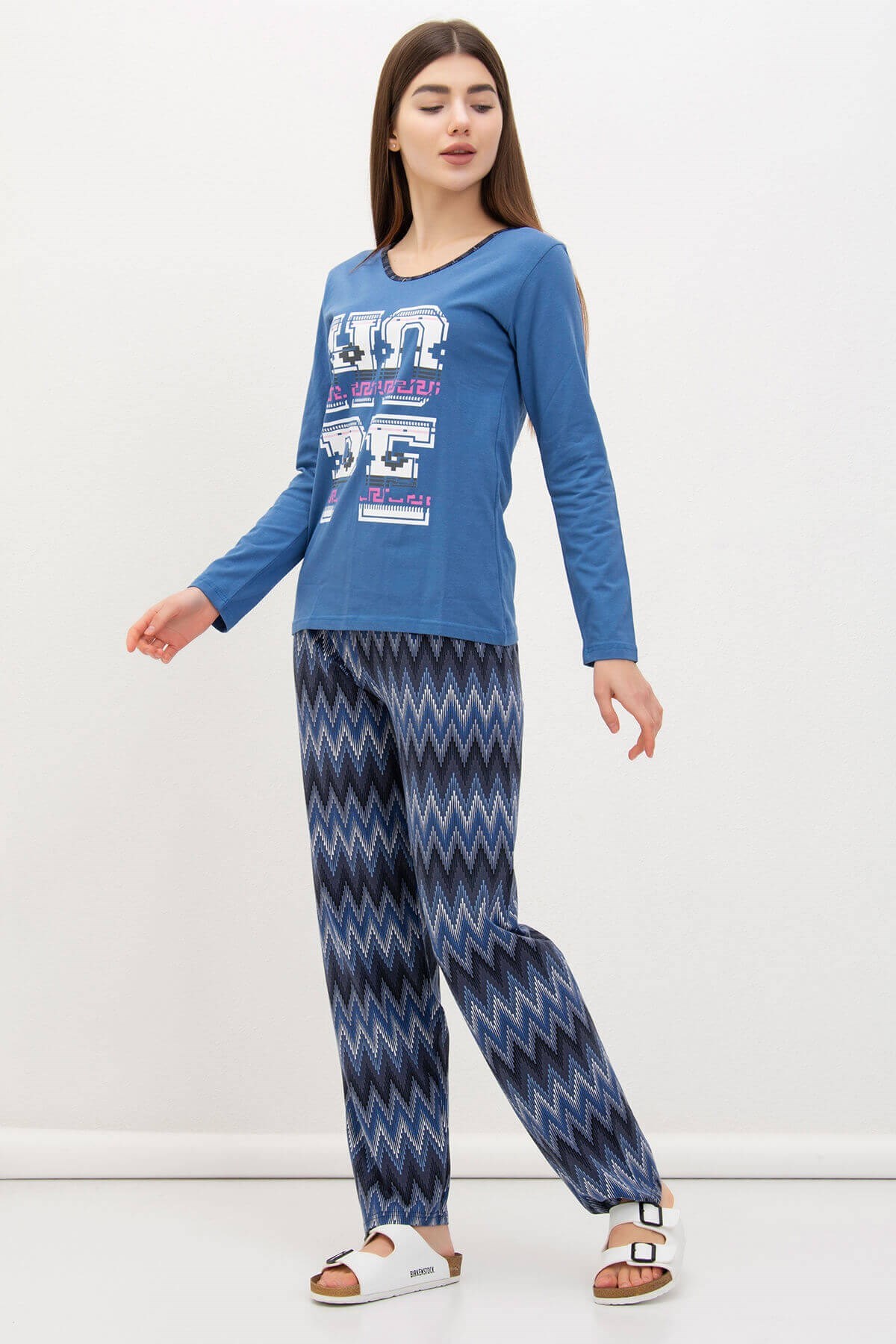 Yazı Detaylı Pijama Takımı Mavi