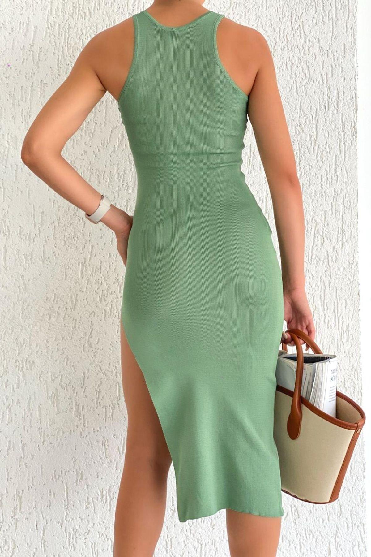 Yırtmaçlı Fitilli Basic Elbise Mint