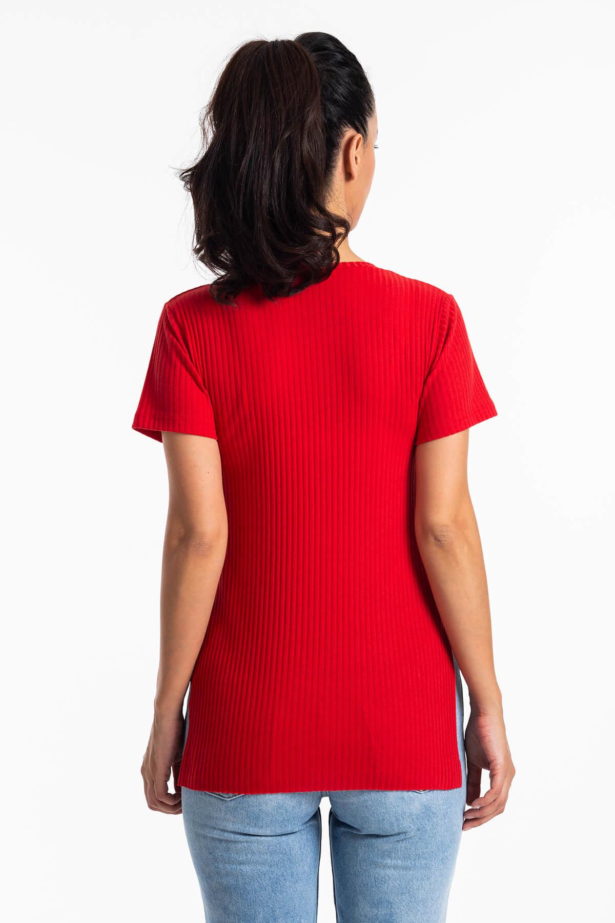 Yırtmaçlı Kaşkorse T-Shirt Kırmızı