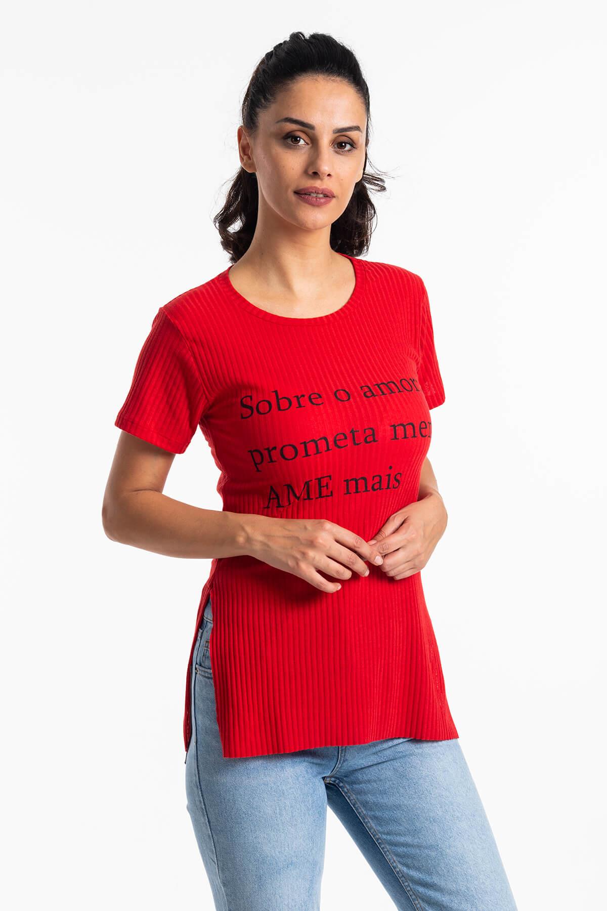 Yırtmaçlı Kaşkorse T-Shirt Kırmızı