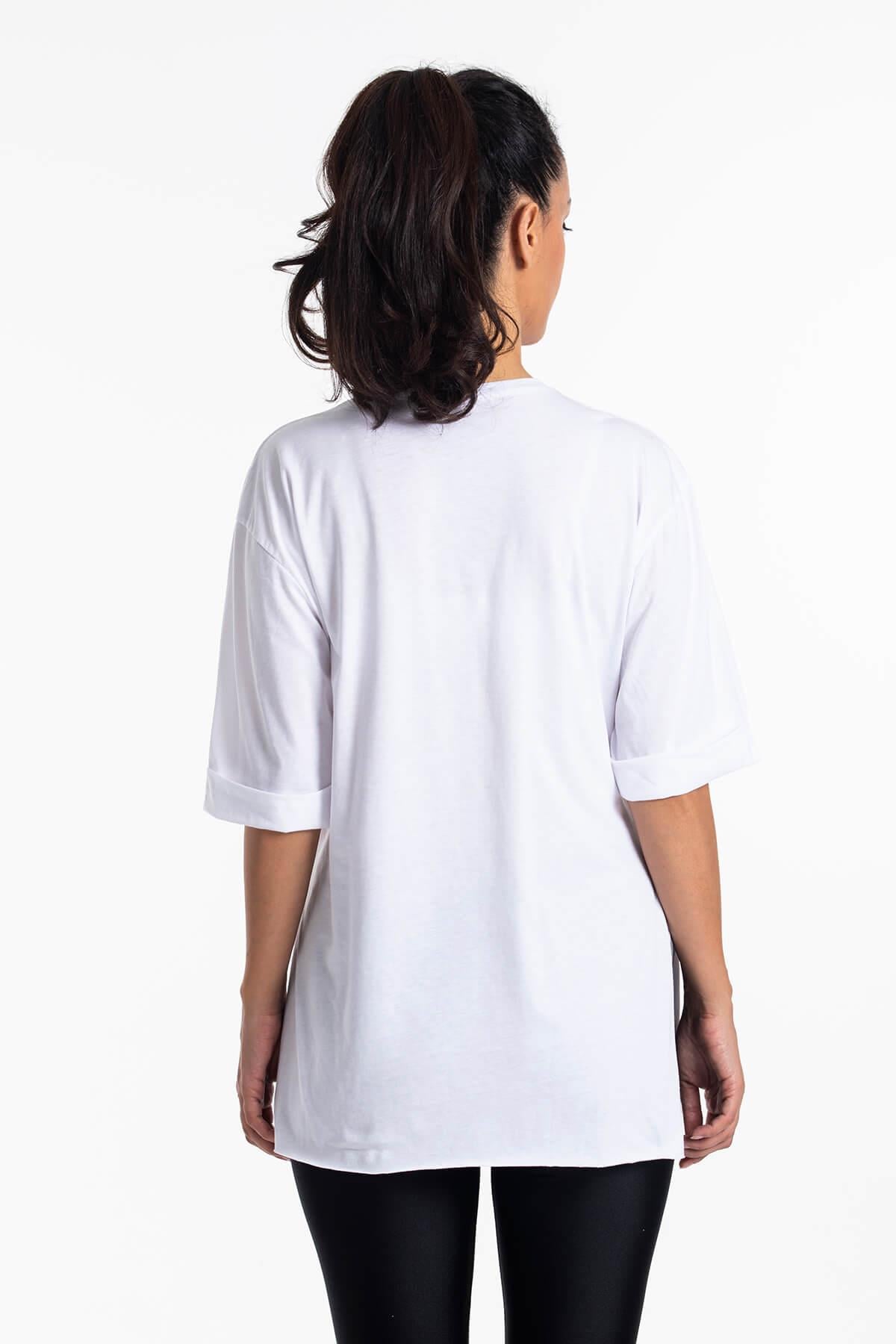 Yırtmaçlı Salaş Beyaz T-Shirt