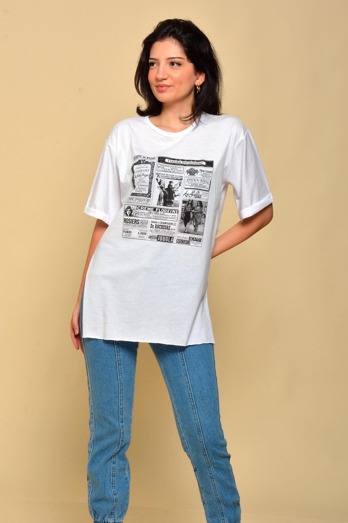 Yırtmaçlı Salaş T-Shirt Beyaz