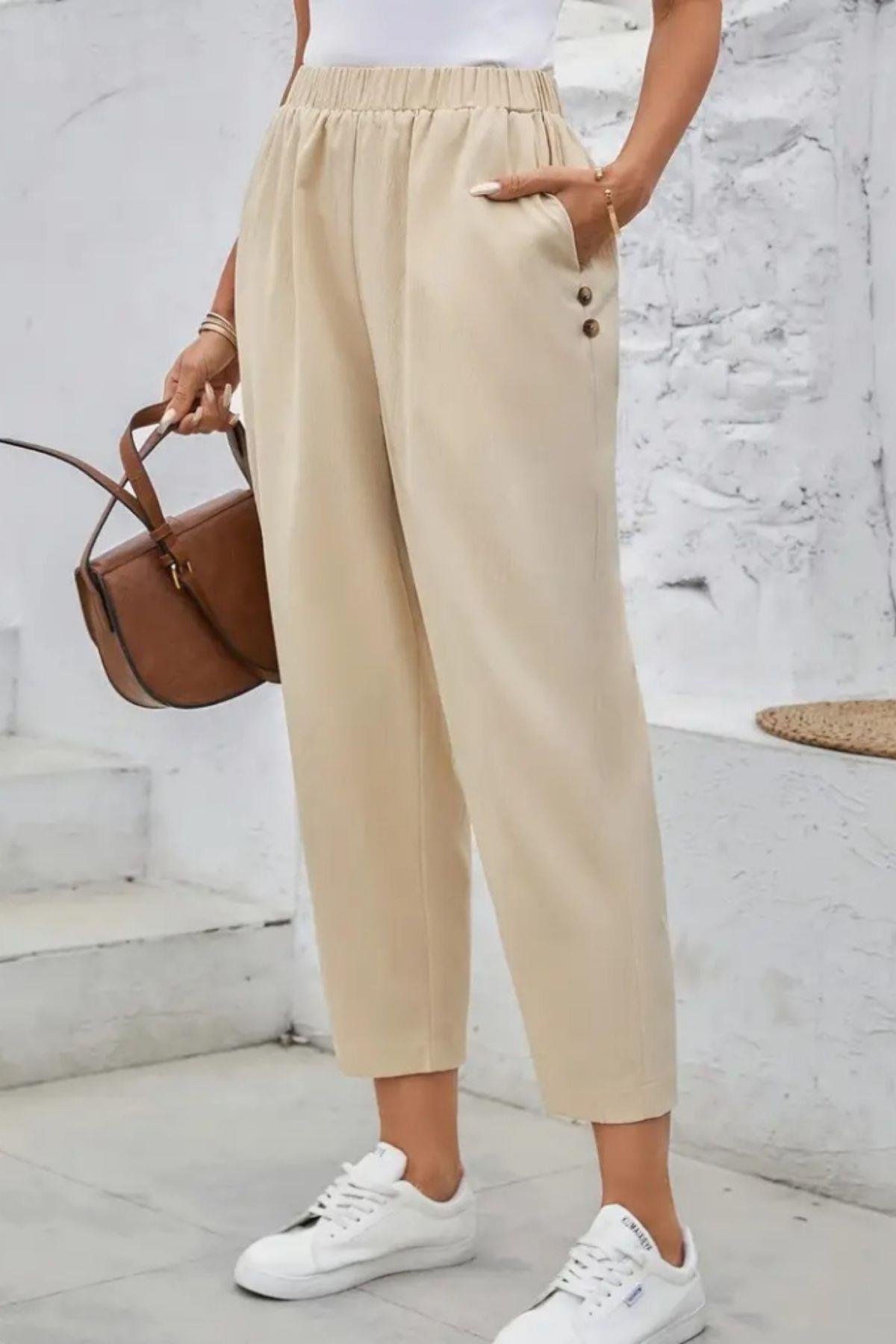Yüksek Bel Cepli Krep Pantolon Bej