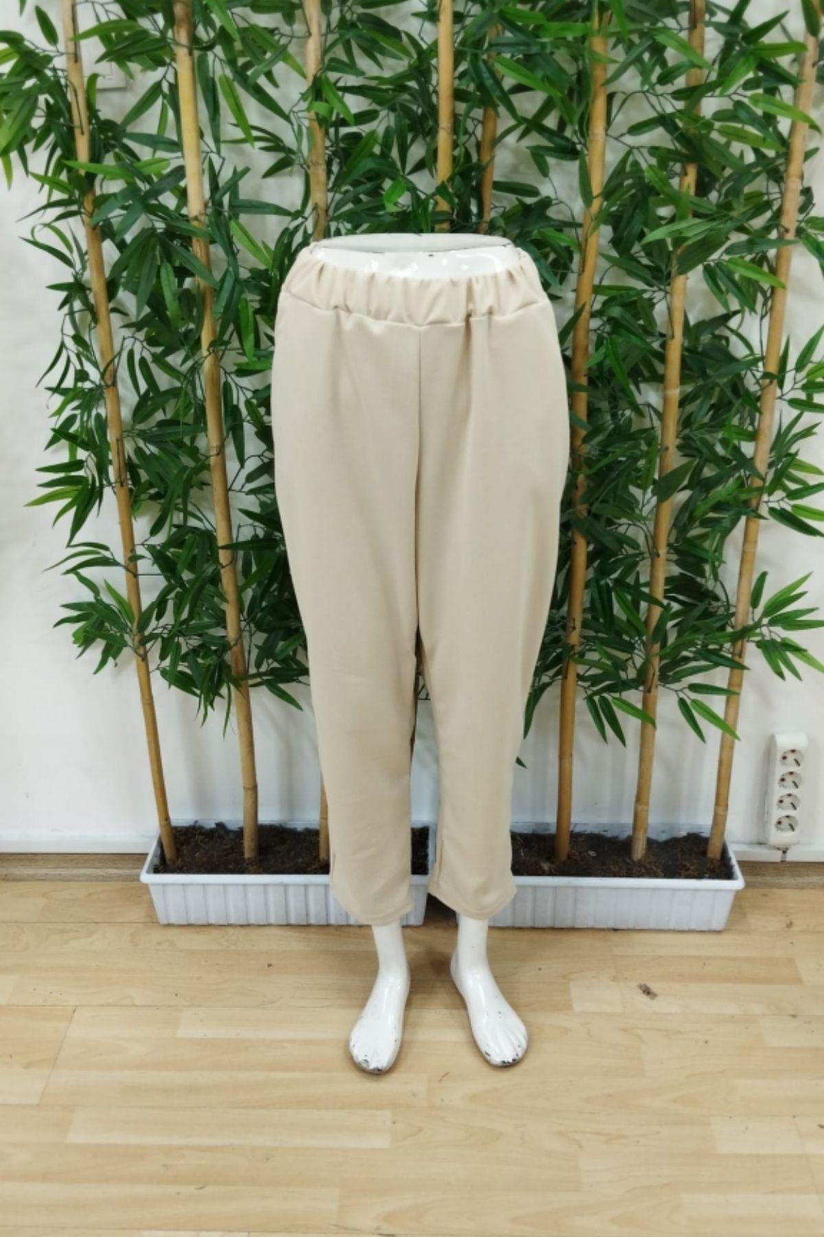 Yüksek Bel Cepli Krep Pantolon Bej