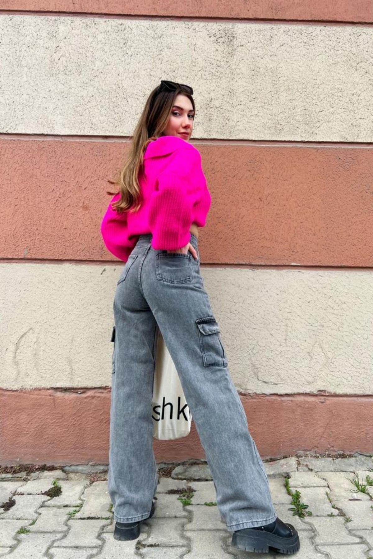 Yüksek Bel Kargo Cepli Jean Pantolon Gri