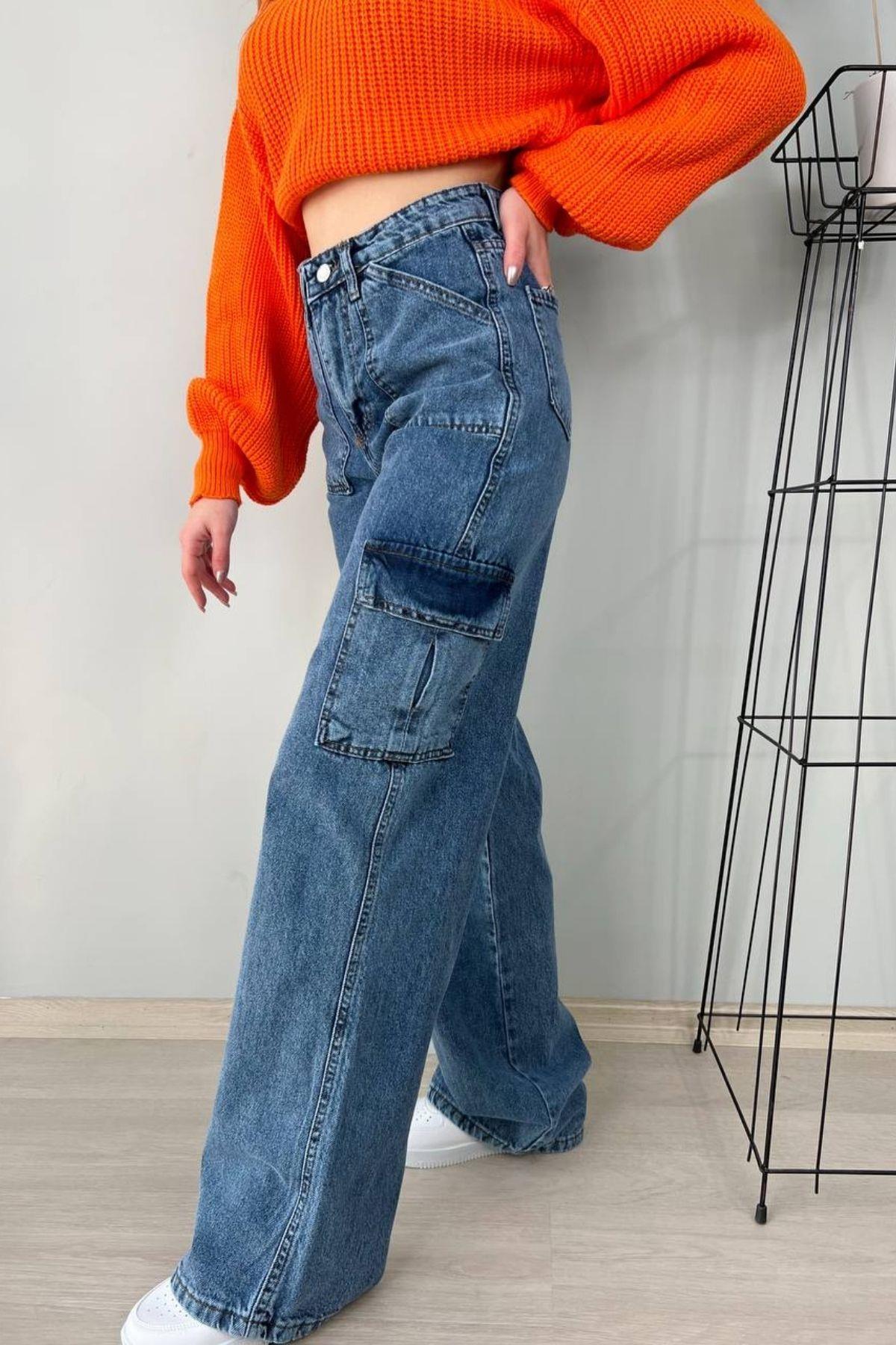 Yüksek Bel Kargo Cepli Jean Pantolon Mavi