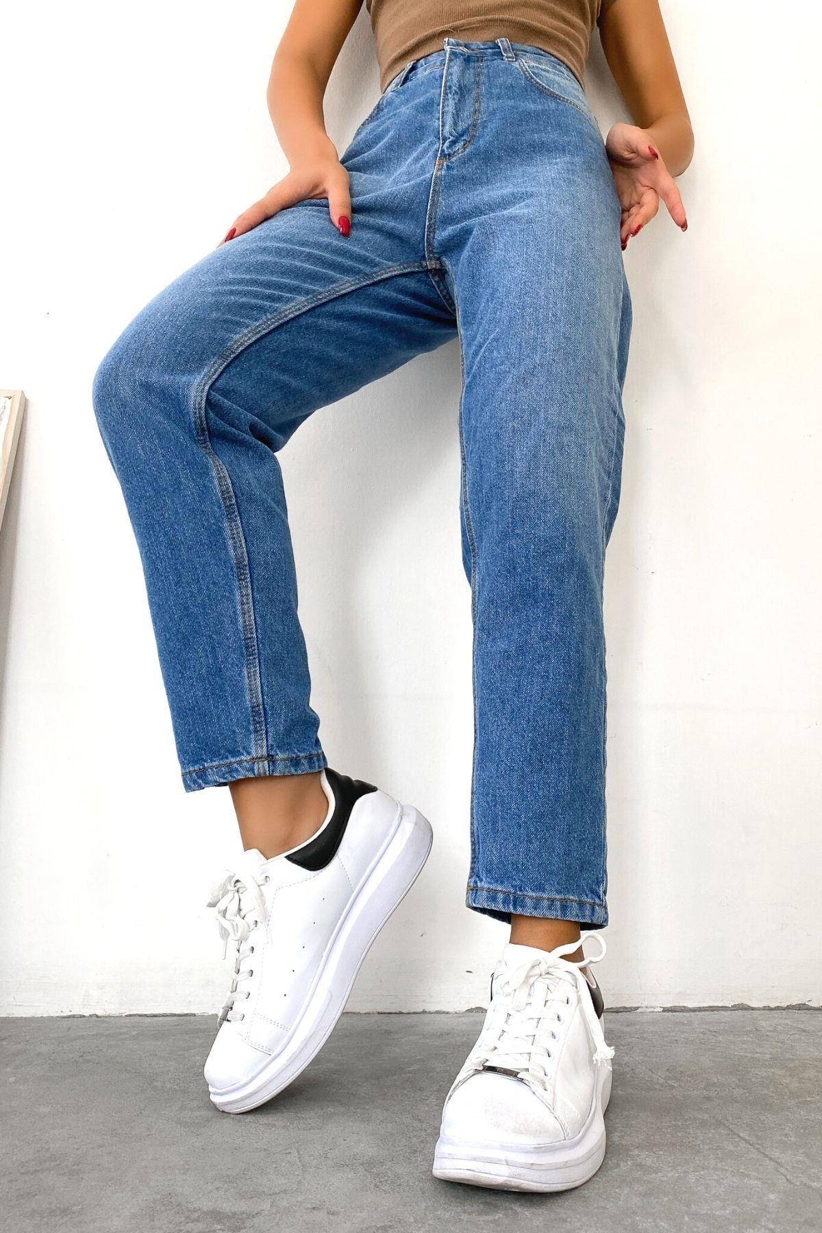 Yüksek Bel Mom Jeans Mavi
