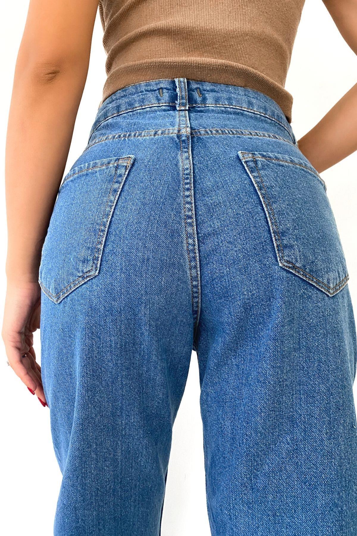 Yüksek Bel Mom Jeans Mavi