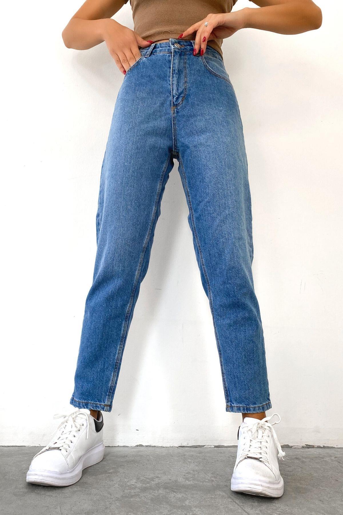 Yüksek Bel Mom Jeans Mavi