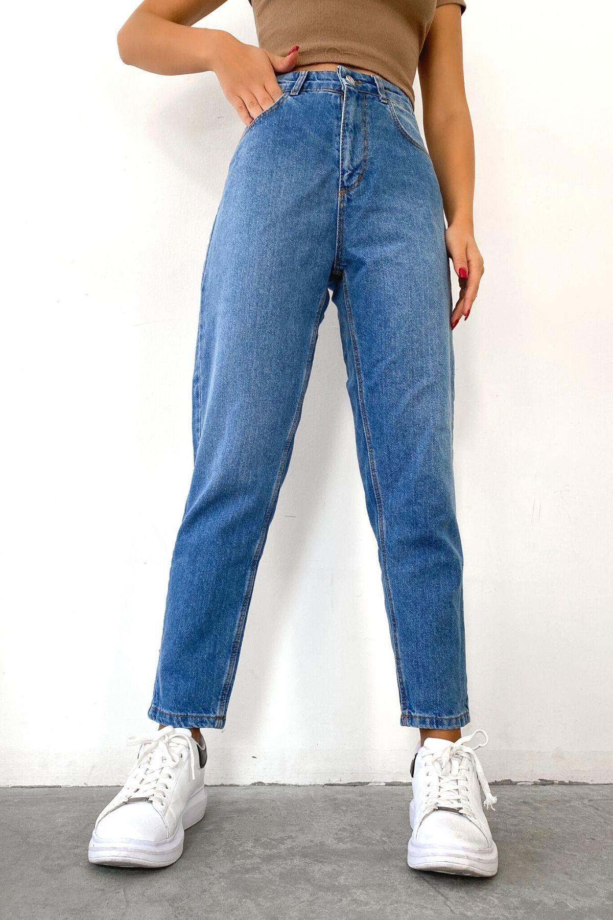 Yüksek Bel Mom Jeans Mavi